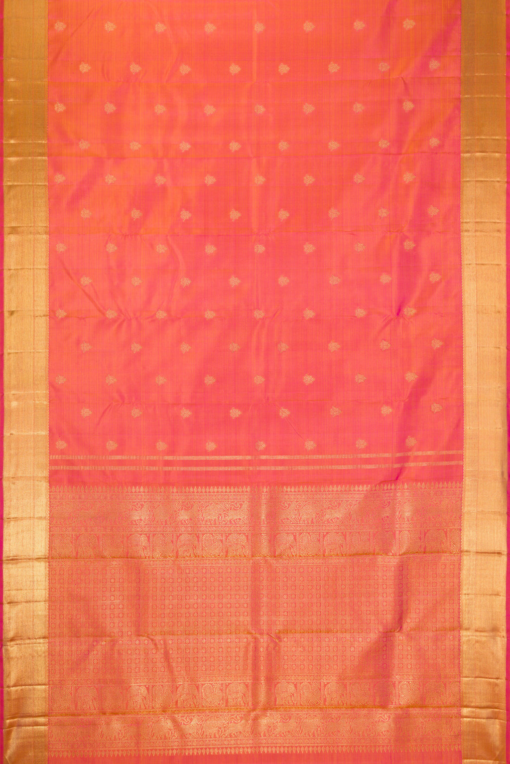 Flat view of Pure Silk Pure Zari Coral Dual Tone Kanjivaram Saree with Zari Butta on the body and Zari Border. 