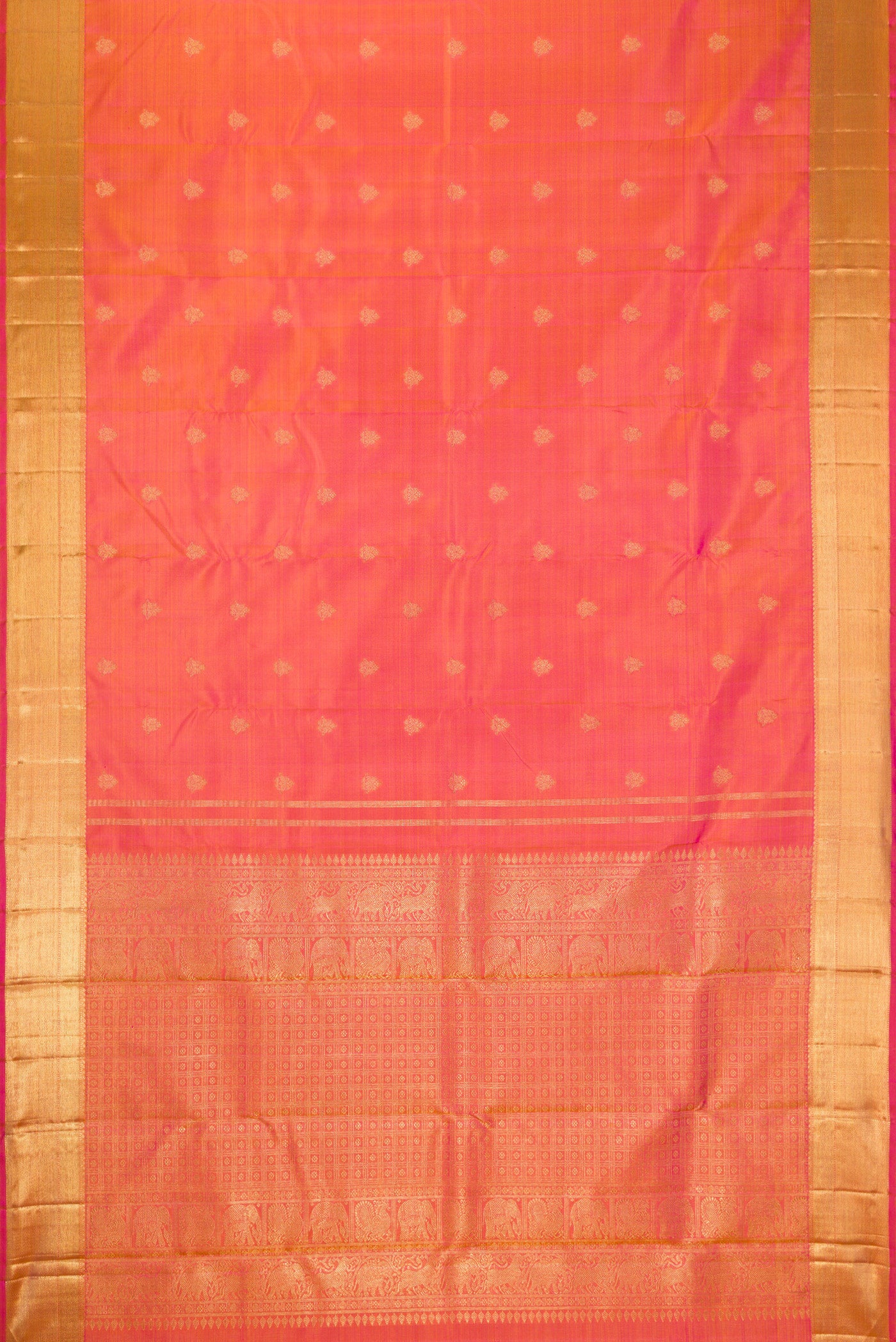 Flat view of Pure Silk Pure Zari Coral Dual Tone Kanjivaram Saree with Zari Butta on the body and Zari Border. 
