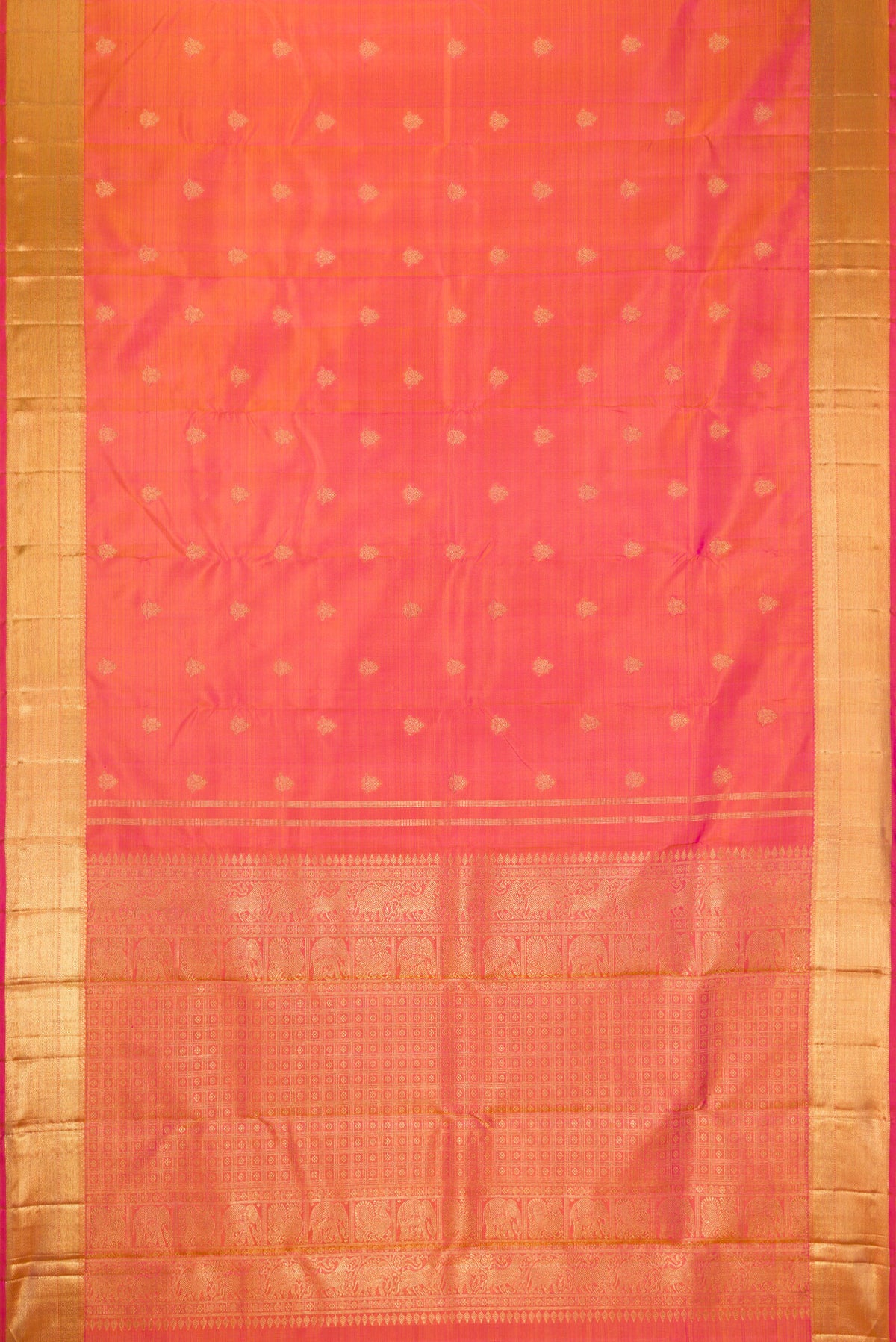 Flat view of Pure Silk Pure Zari Coral Dual Tone Kanjivaram Saree with Zari Butta on the body and Zari Border. 