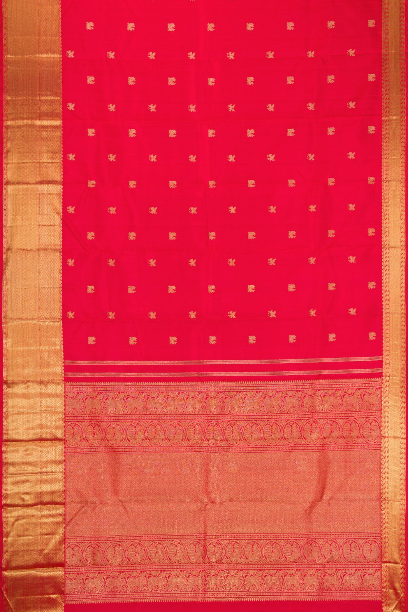 Flat view of Pure Silk Pure Zari Red Dual Tone Kanjivaram Saree with Zari Butta on the body and Zari Border. 