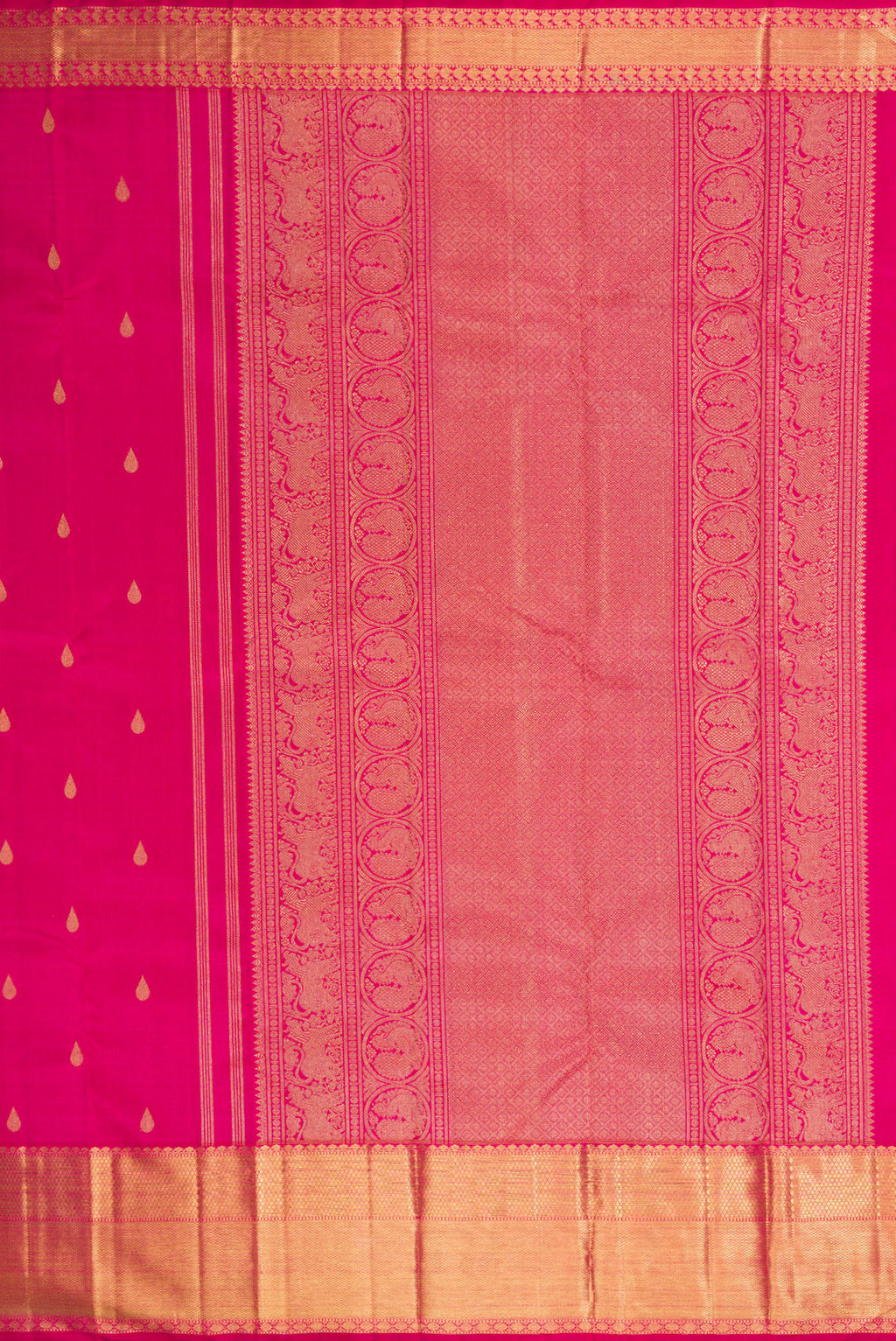 Close up image of the pallu of Pure Silk Pure Zari Dark Pink Kanjivaram Saree with Zari Butta on the body and Zari Border. 