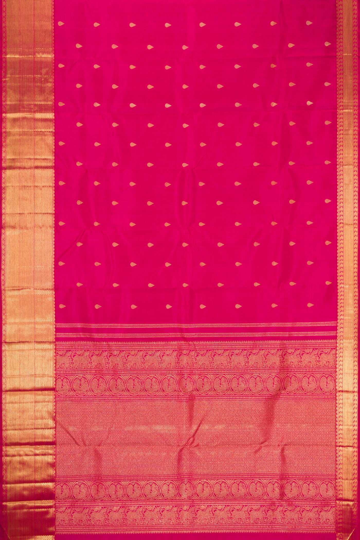 Flat view of Pure Silk Pure Zari Dark Pink Kanjivaram Saree with Zari Butta on the body and Zari Border. 