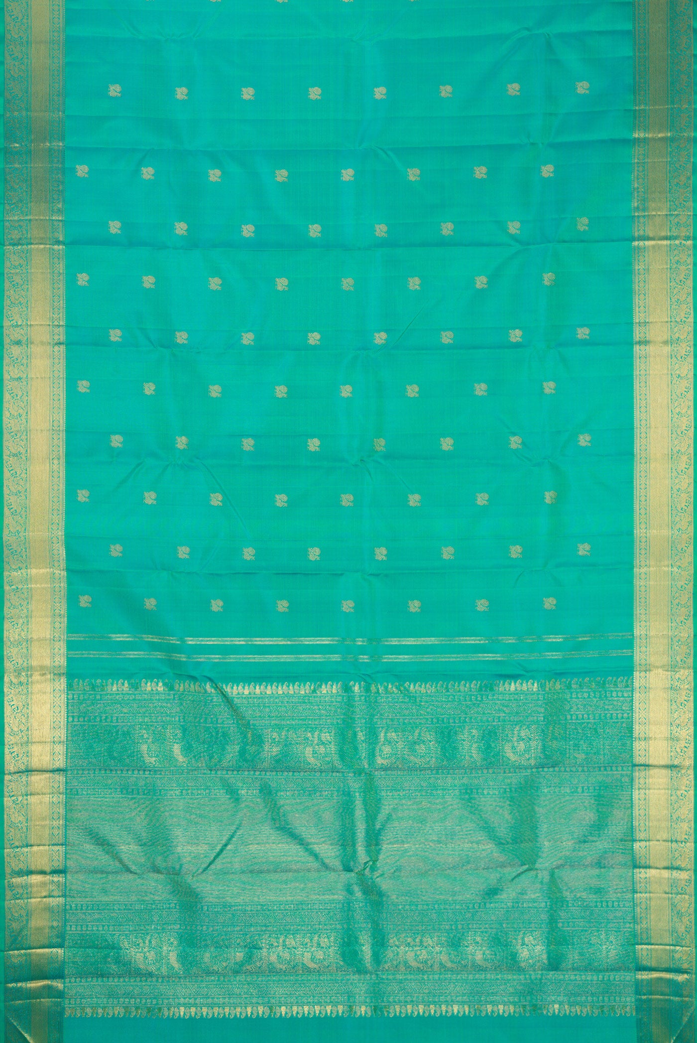Flat view of Pure Silk Pure Zari Turquoise Kanjivaram Saree with Zari Butta on the body and Zari Border. 