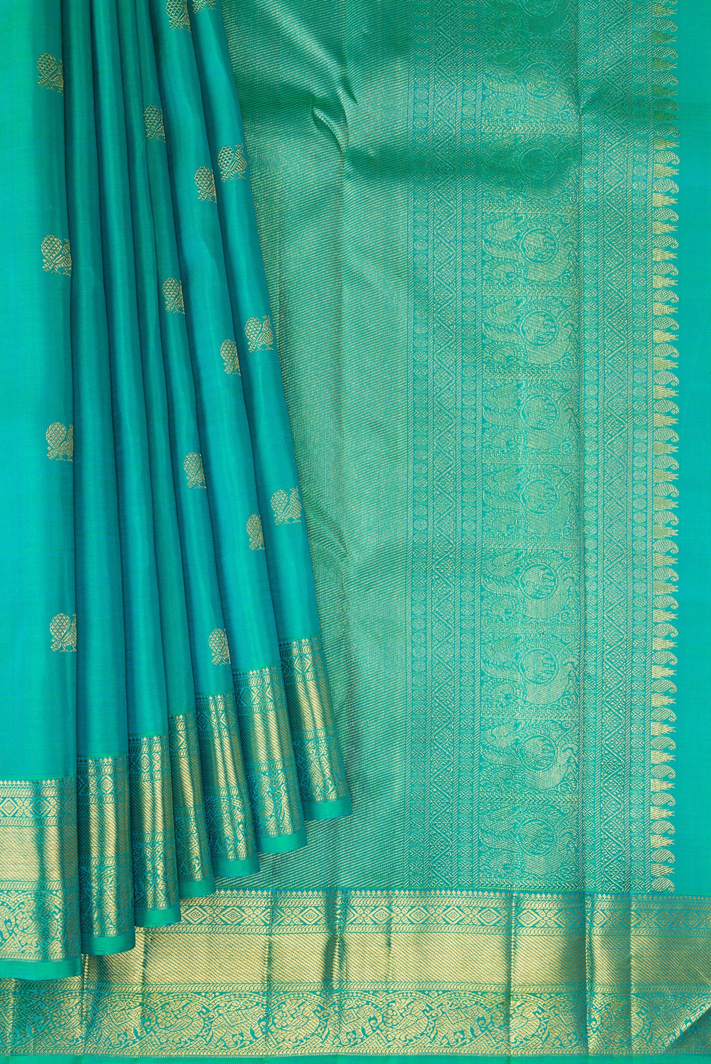 Pleats and pallu of Pure Silk Pure Zari Turquoise Kanjivaram Saree with Zari Butta on the body and Zari Border. 