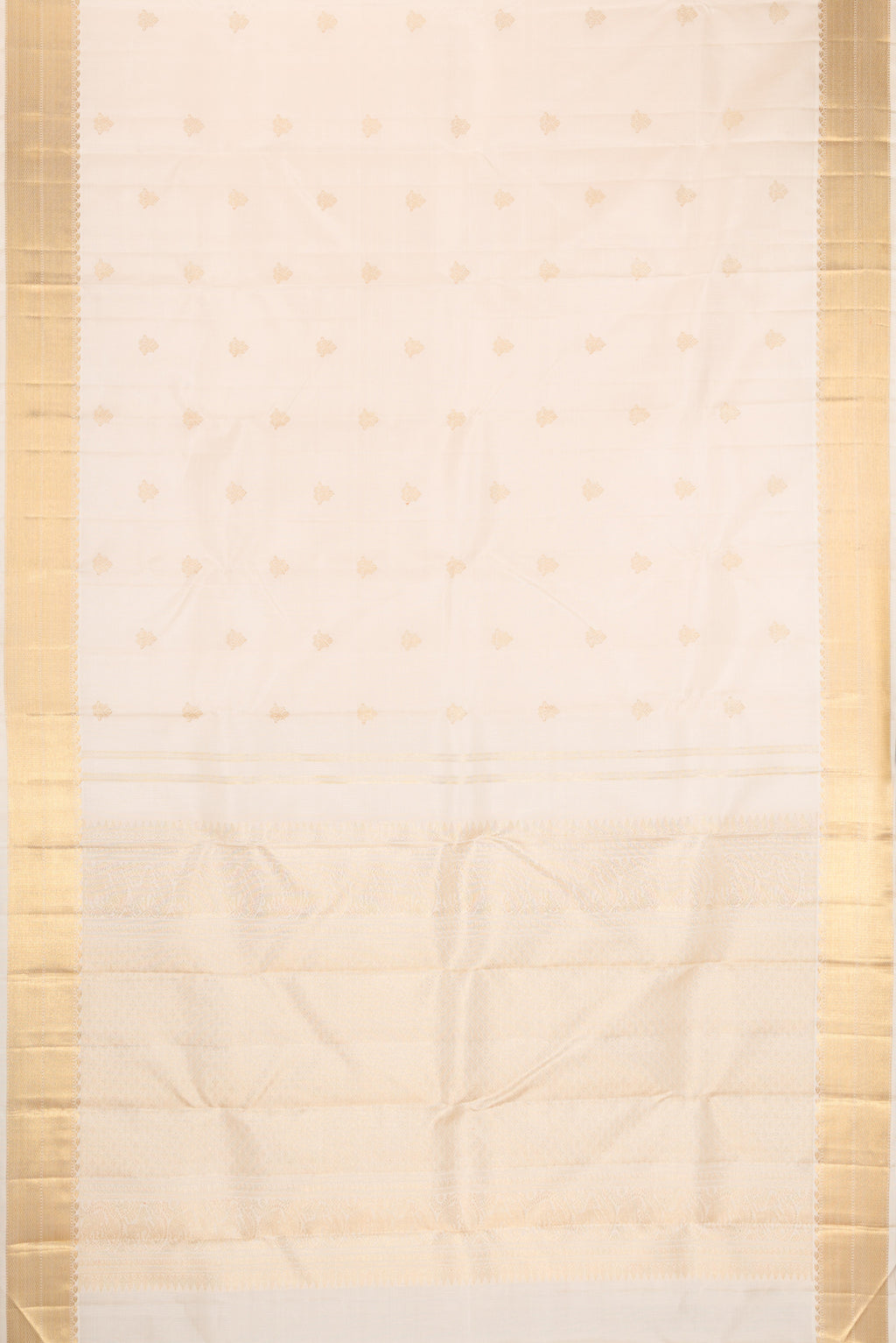 Flat view of Pure Silk Pure Zari Off White Kanjivaram Saree with Zari Butta on the body and Zari Border. 