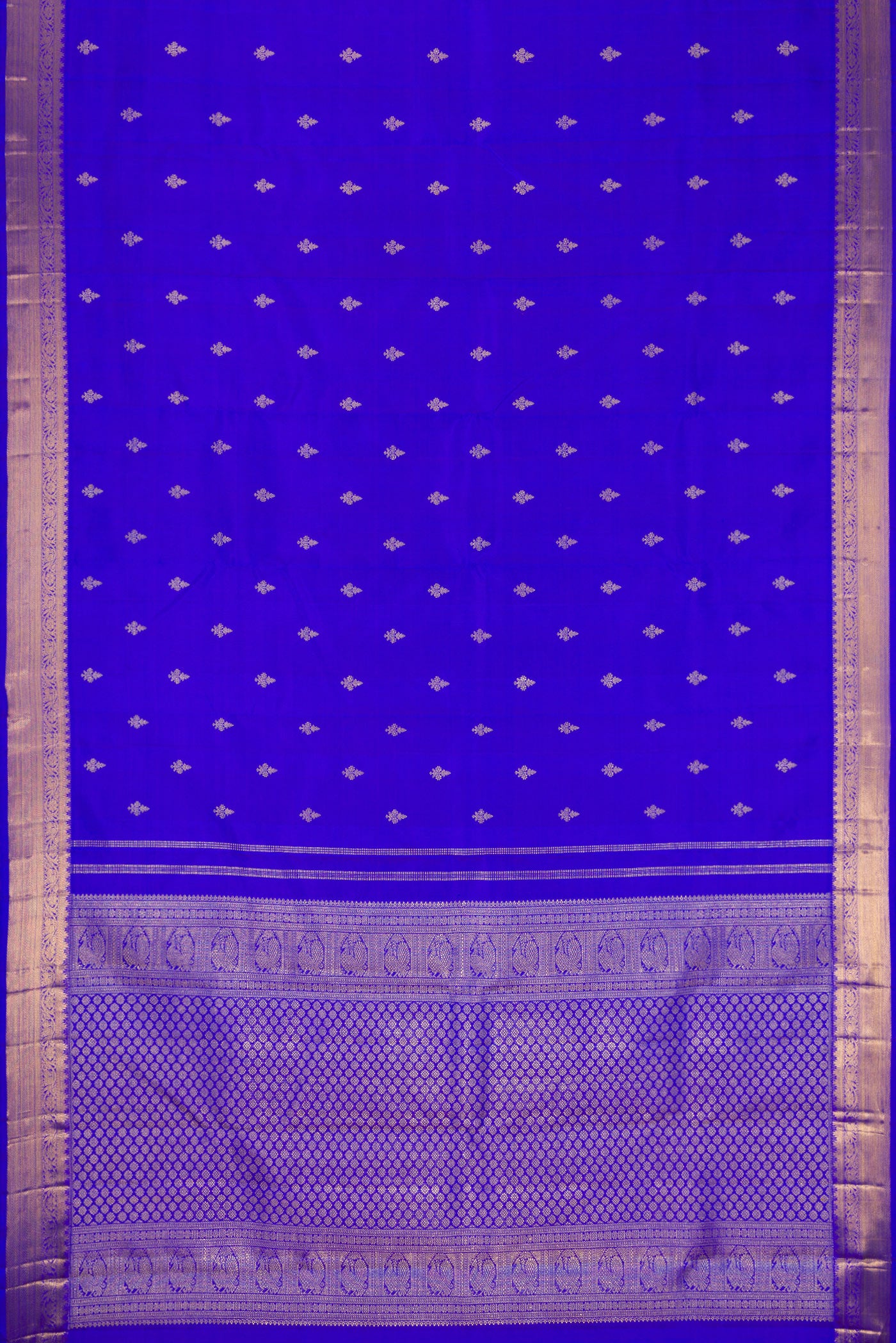 Flat view of Pure Silk Pure Zari Royal Blue Dual Tone Kanjivaram Saree with Zari Butta on the body and Zari Border. 