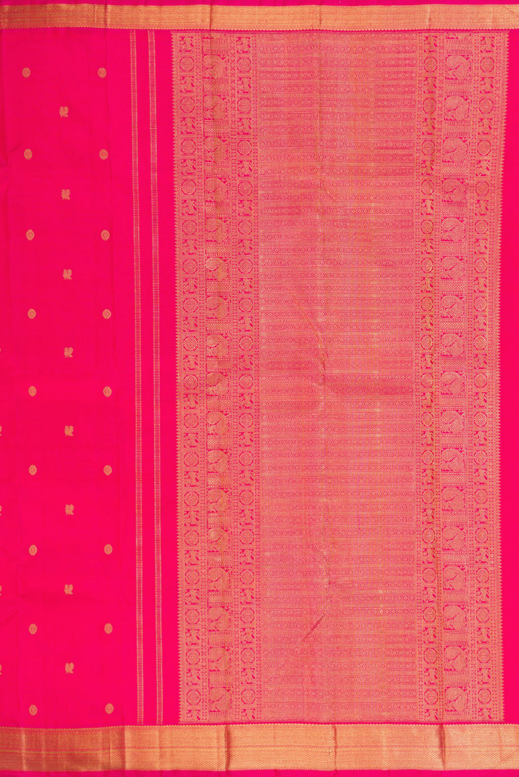Close up image of the pallu of Pure Silk Pure Zari Pink Kanchipuram Saree with Zari Butta on the body and Zari Border. 