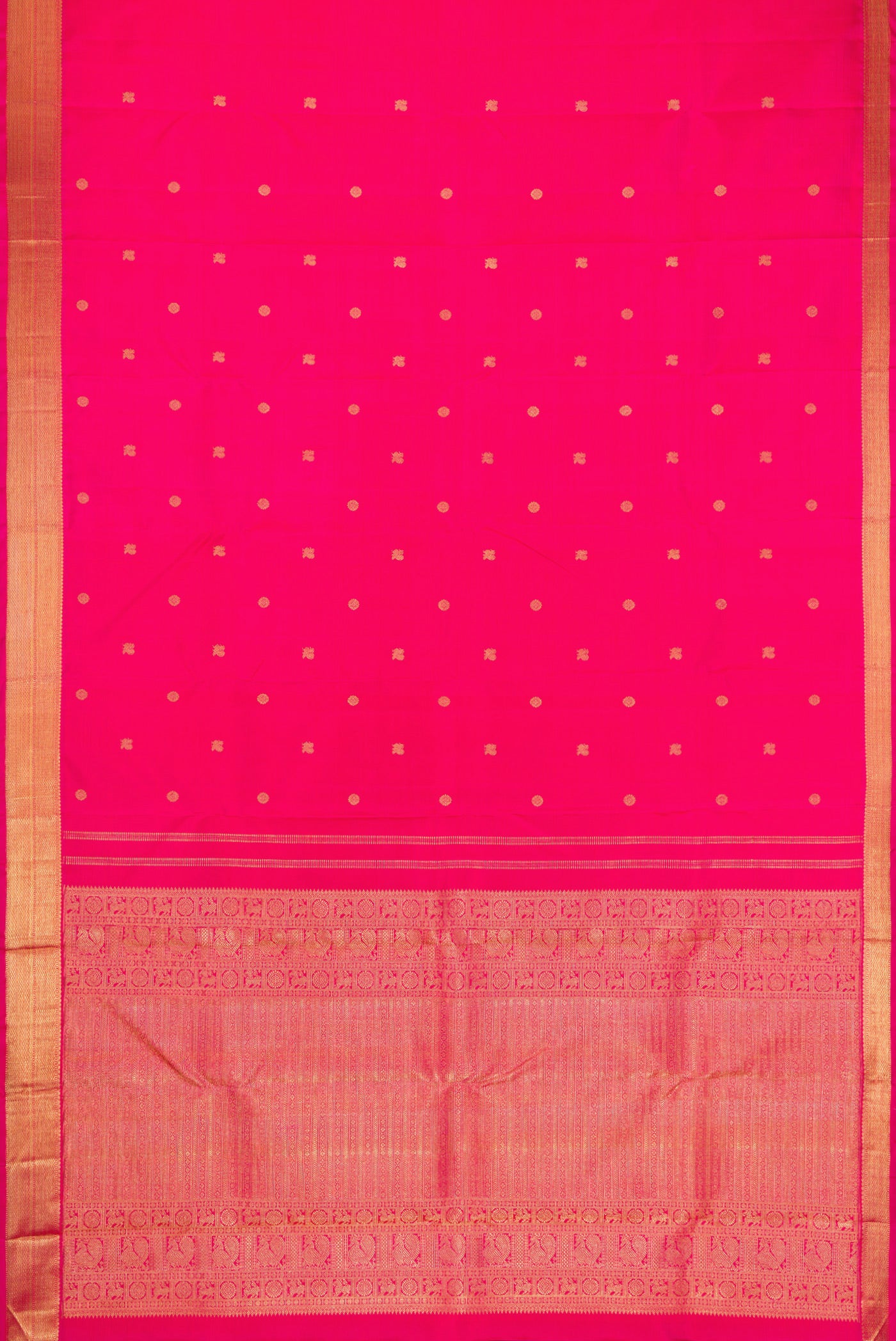 Flat view of Pure Silk Pure Zari Pink Kanchipuram Saree with Zari Butta on the body and Zari Border. 