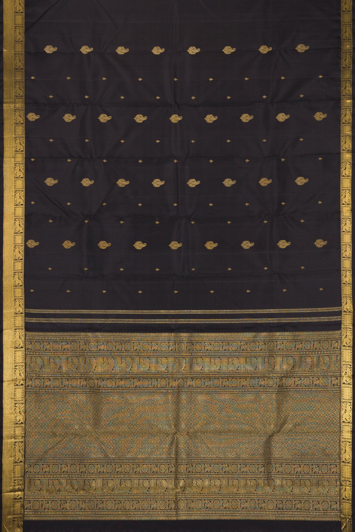 Flat view of Black Kanchipuram Silk Saree with Zari Butta on the body and Zari Border. 