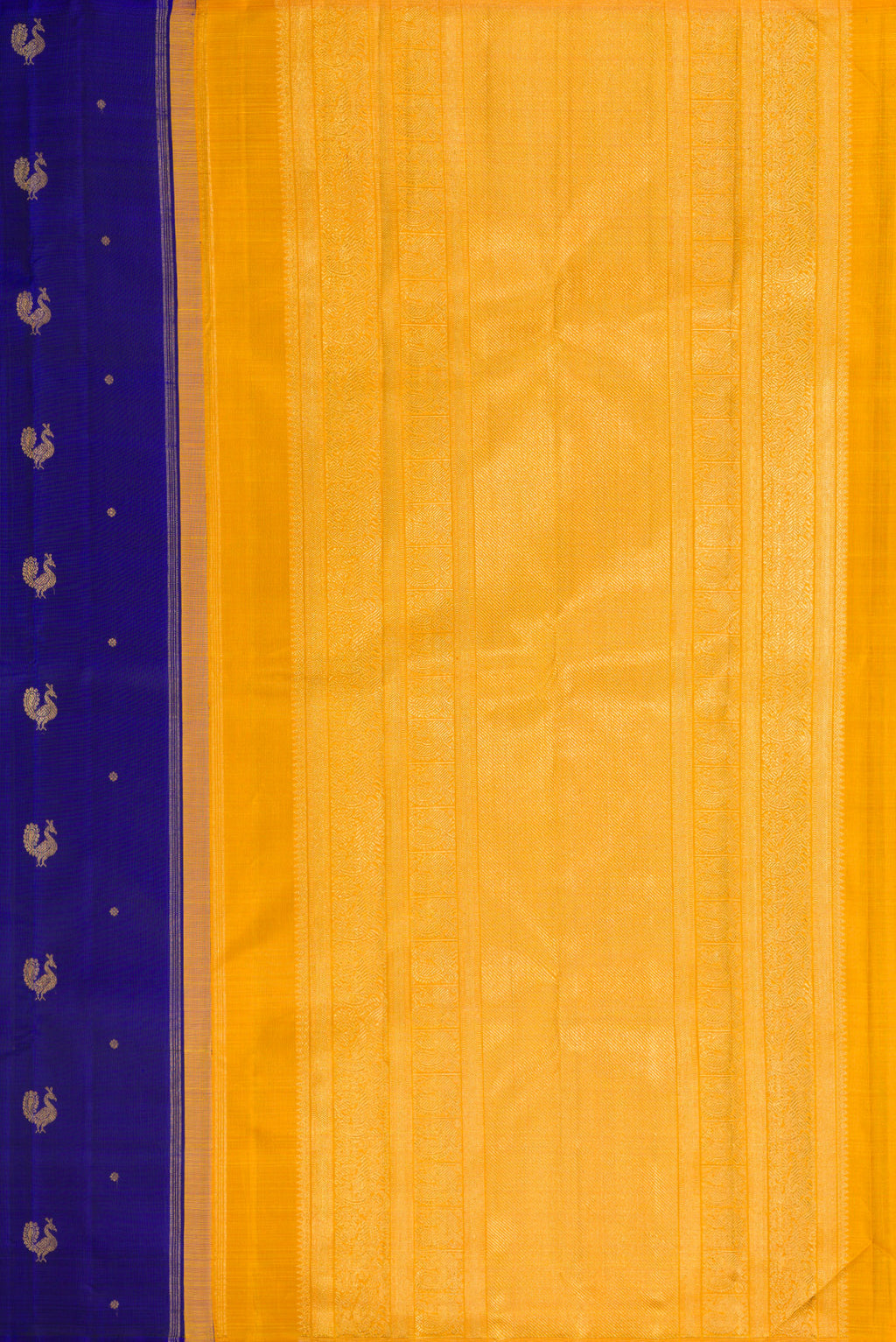 Close up image of the pallu of Pure Silk Pure Zari Royal Blue Kanchipuram Saree with Zari Butta on the body and Without Border. 