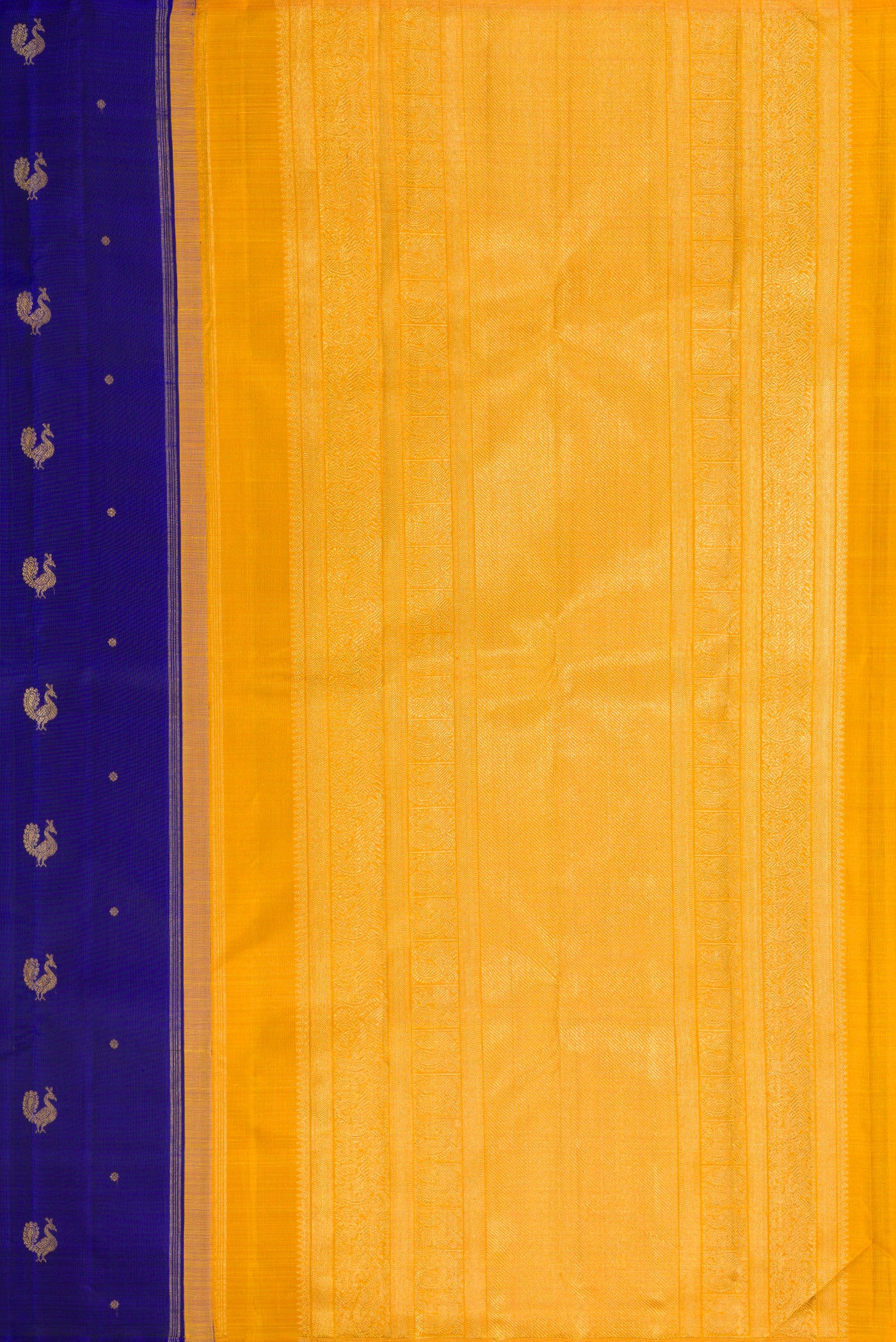 Close up image of the pallu of Pure Silk Pure Zari Royal Blue Kanchipuram Saree with Zari Butta on the body and Without Border. 