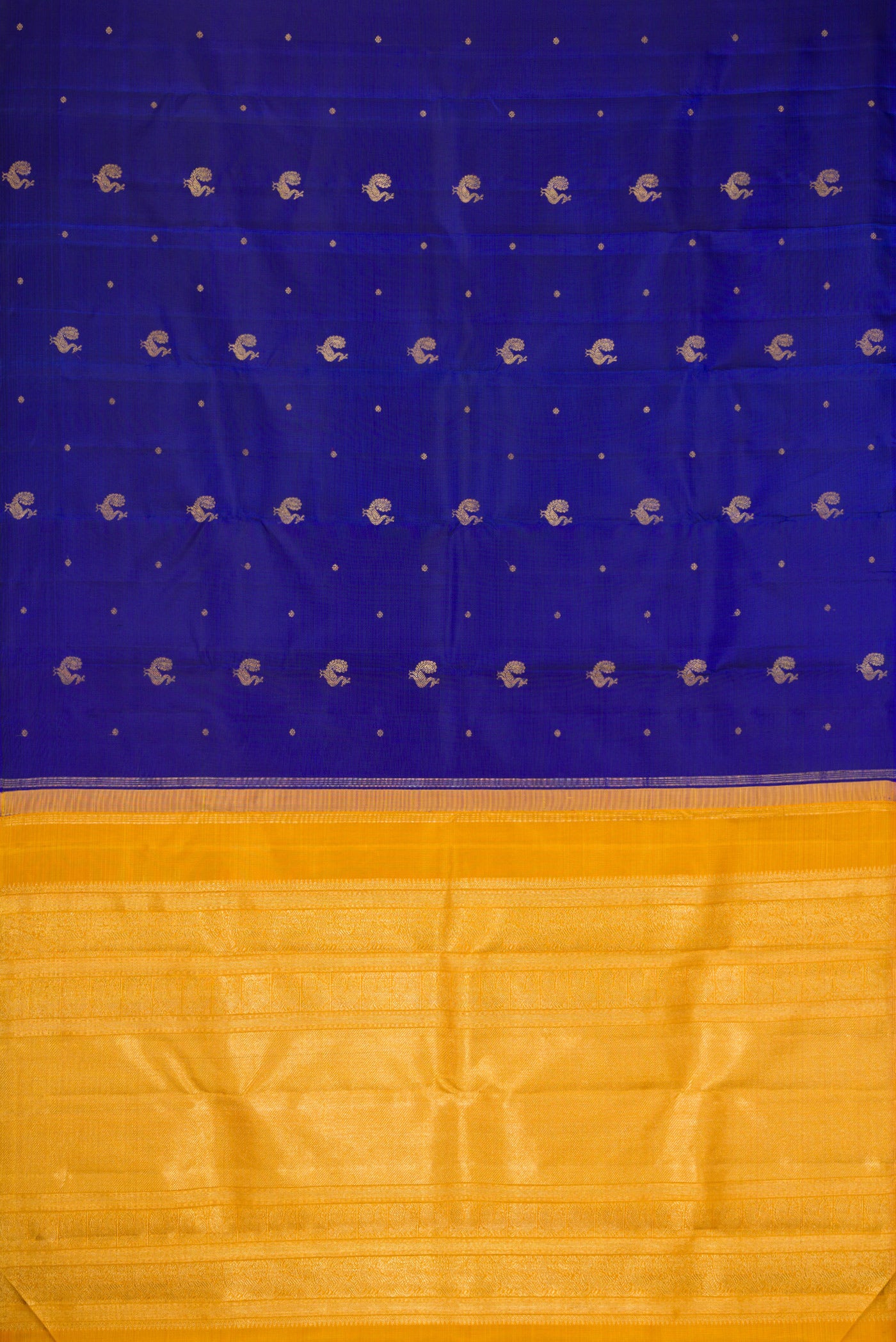 Flat view of Pure Silk Pure Zari Royal Blue Kanchipuram Saree with Zari Butta on the body and Without Border. 