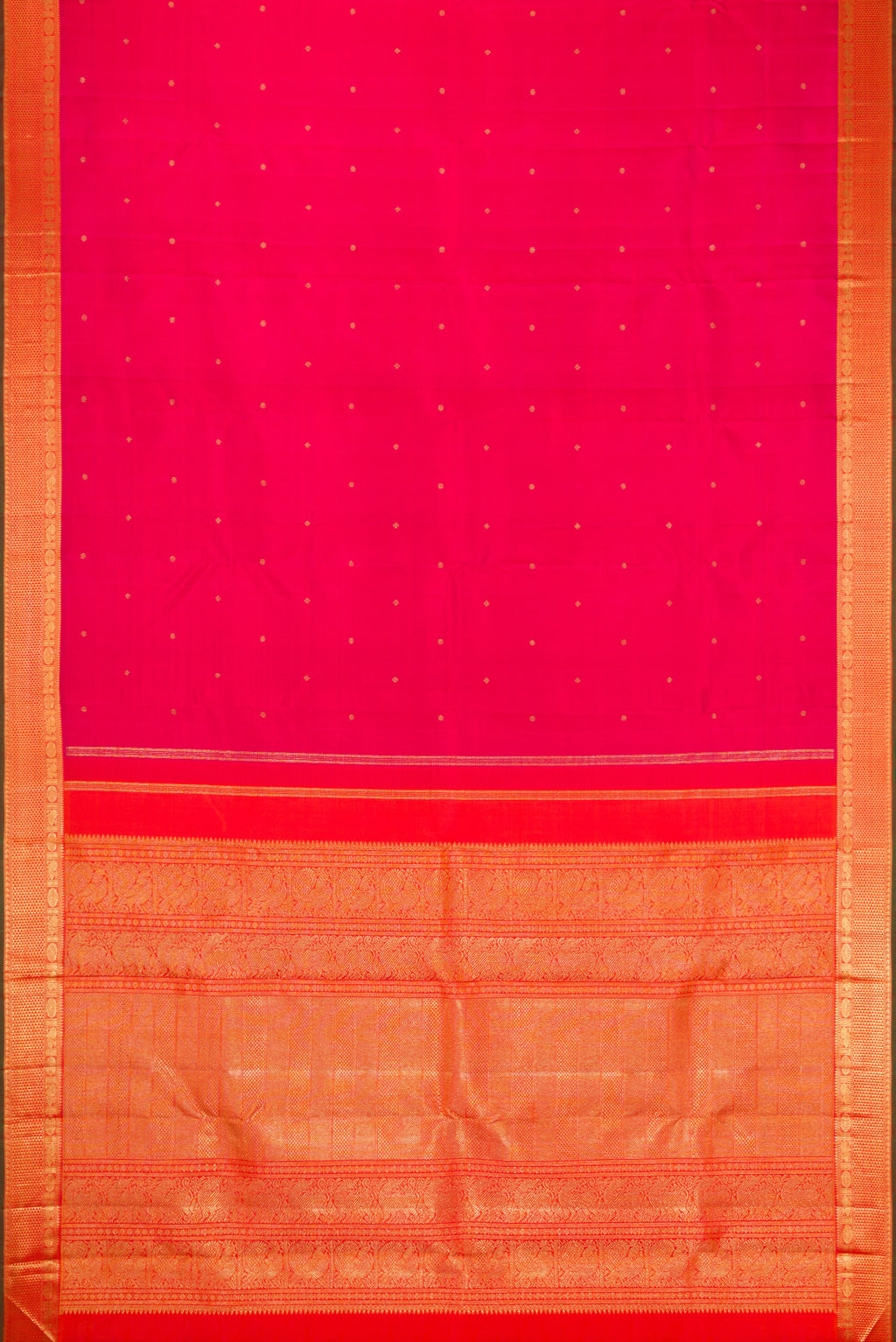Flat view of Pure Silk Pure Zari Pink Kanjivaram Saree with Zari Butta on the body and Zari Border. 