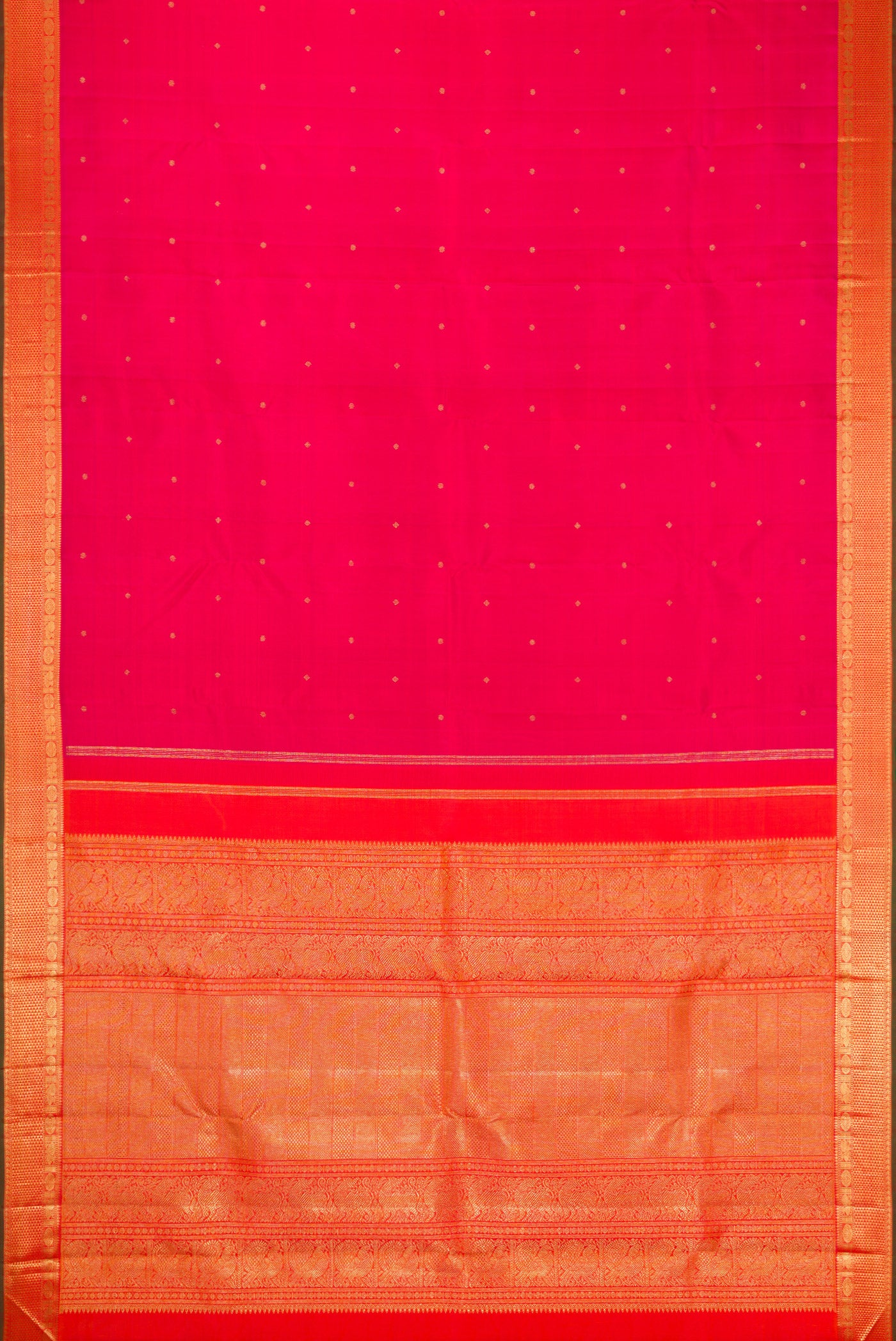 Flat view of Pure Silk Pure Zari Pink Kanjivaram Saree with Zari Butta on the body and Zari Border. 