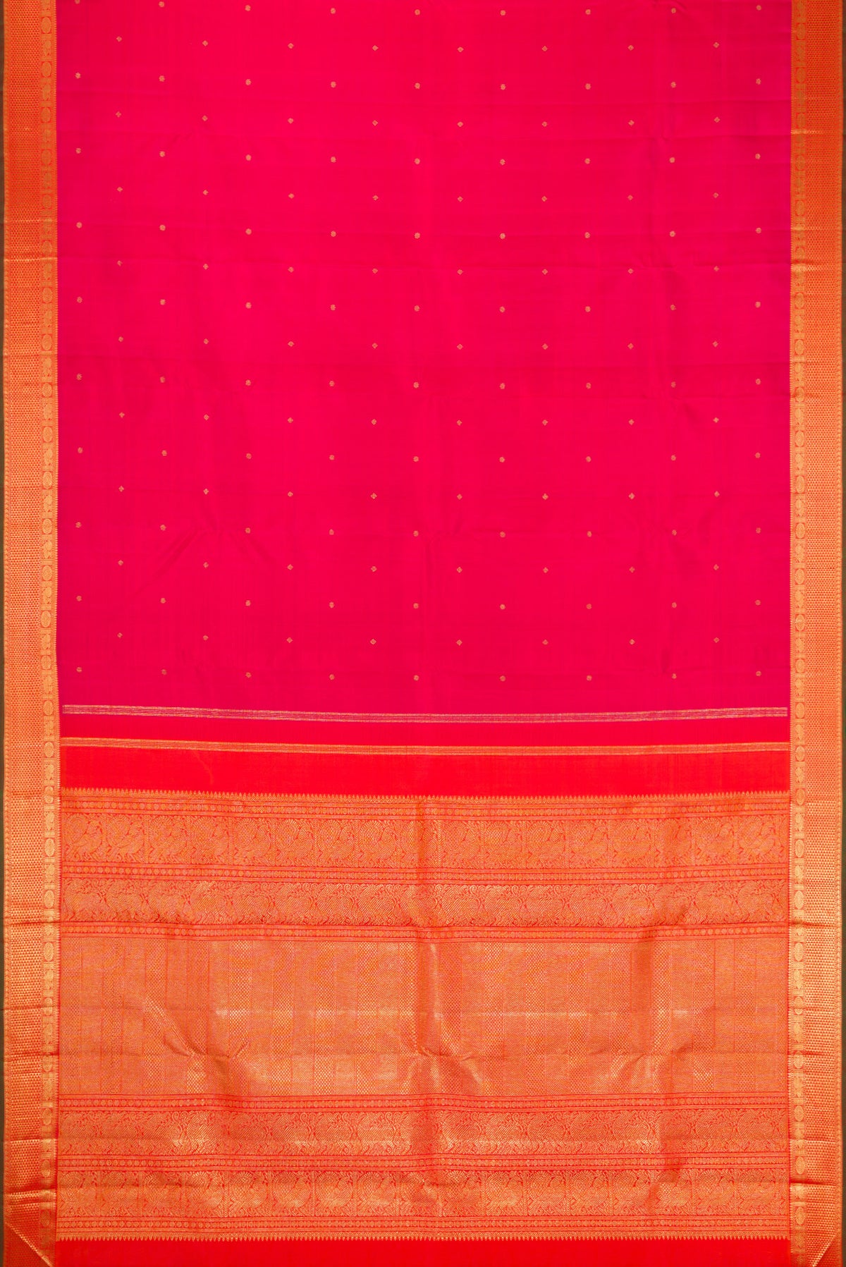 Flat view of Pure Silk Pure Zari Pink Kanjivaram Saree with Zari Butta on the body and Zari Border. 