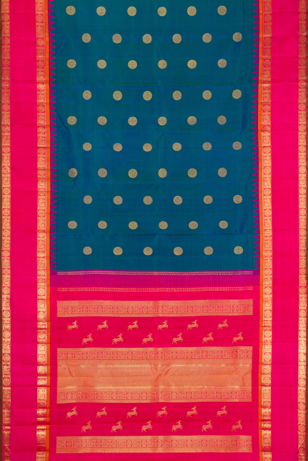 Flat view of Pure Silk Pure Zari Peacock Blue Kanjivaram Saree with Zari Butta on the body and Zari Border. 