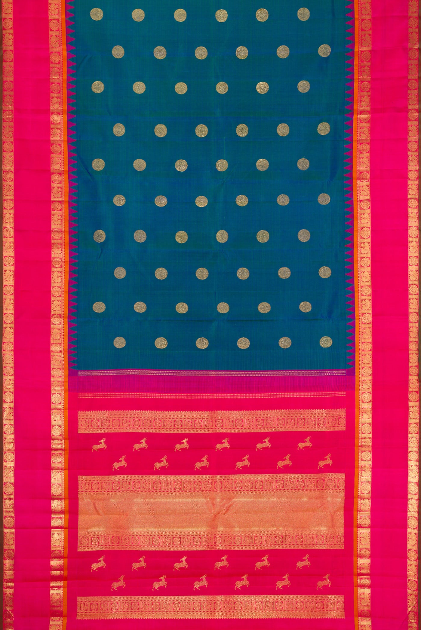 Flat view of Pure Silk Pure Zari Peacock Blue Kanjivaram Saree with Zari Butta on the body and Zari Border. 