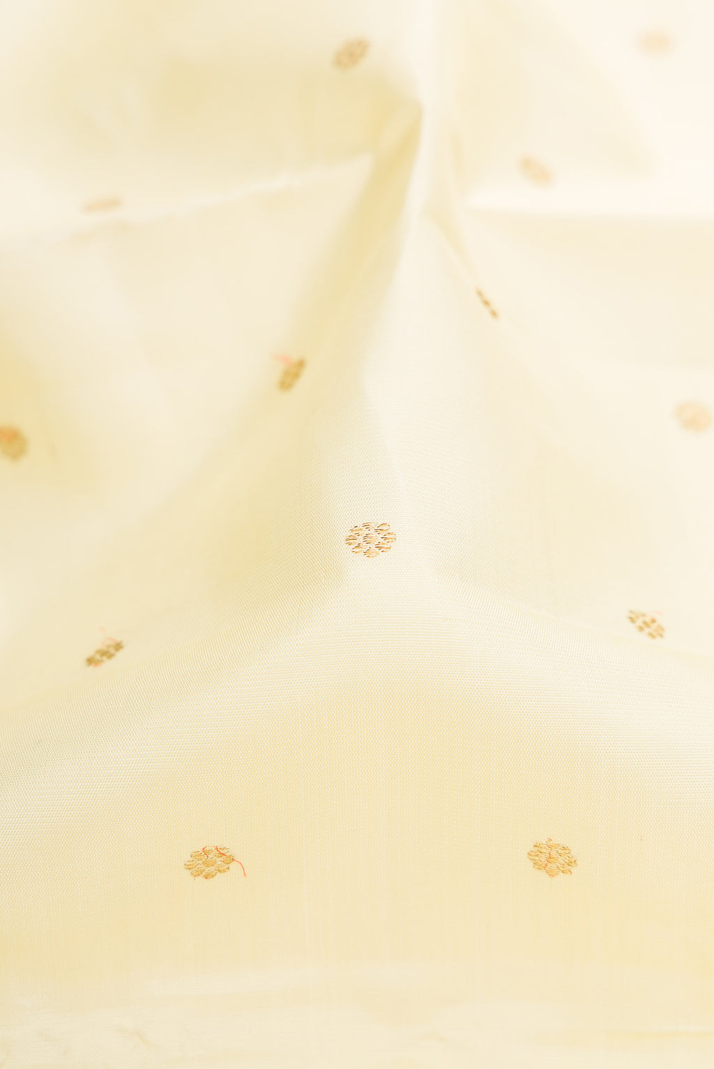 Close up of Pure Silk Pure Zari Cream Kanjivaram Saree with Zari Butta on the body and Zari Border.  displaying folds