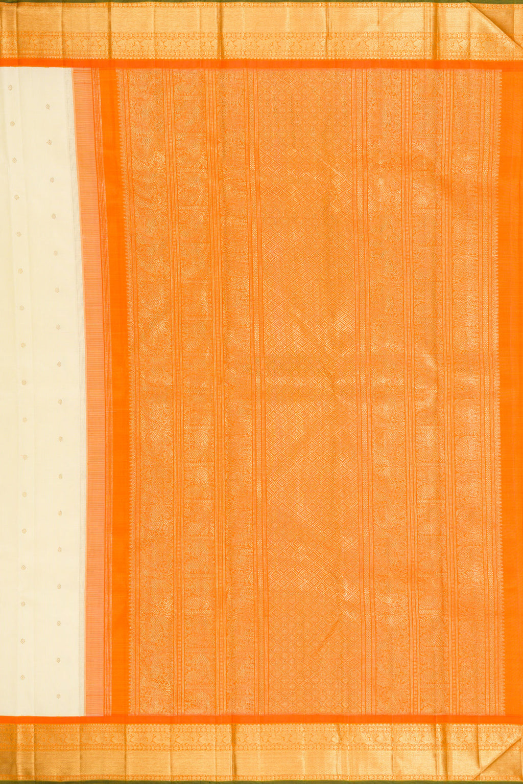 Close up image of the pallu of Pure Silk Pure Zari Cream Kanjivaram Saree with Zari Butta on the body and Zari Border. 
