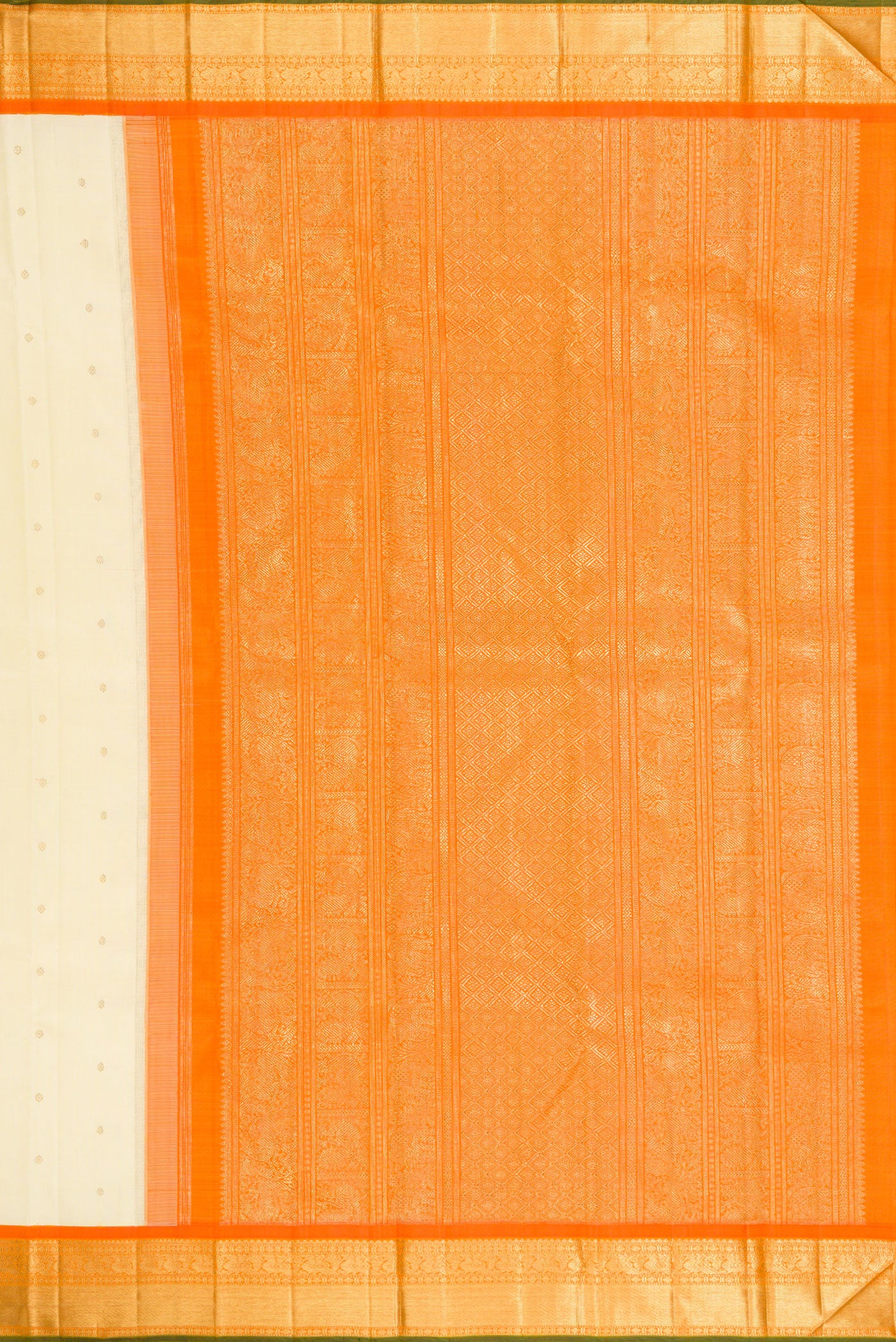 Close up image of the pallu of Pure Silk Pure Zari Cream Kanjivaram Saree with Zari Butta on the body and Zari Border. 