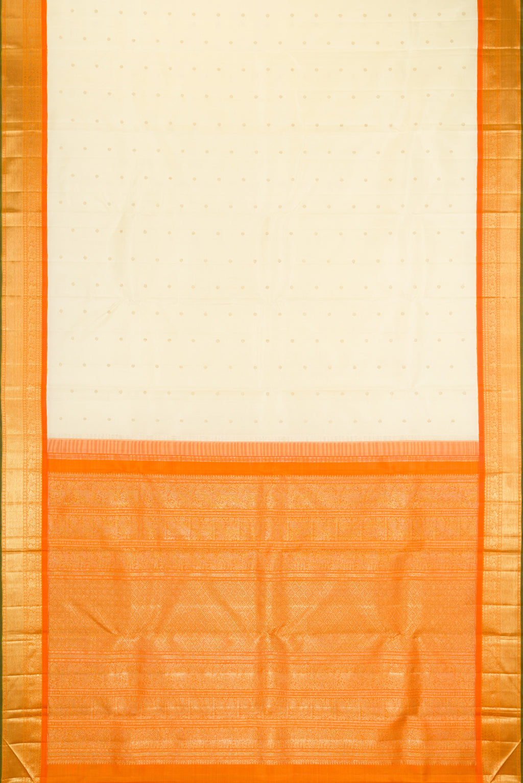 Flat view of Pure Silk Pure Zari Cream Kanjivaram Saree with Zari Butta on the body and Zari Border. 