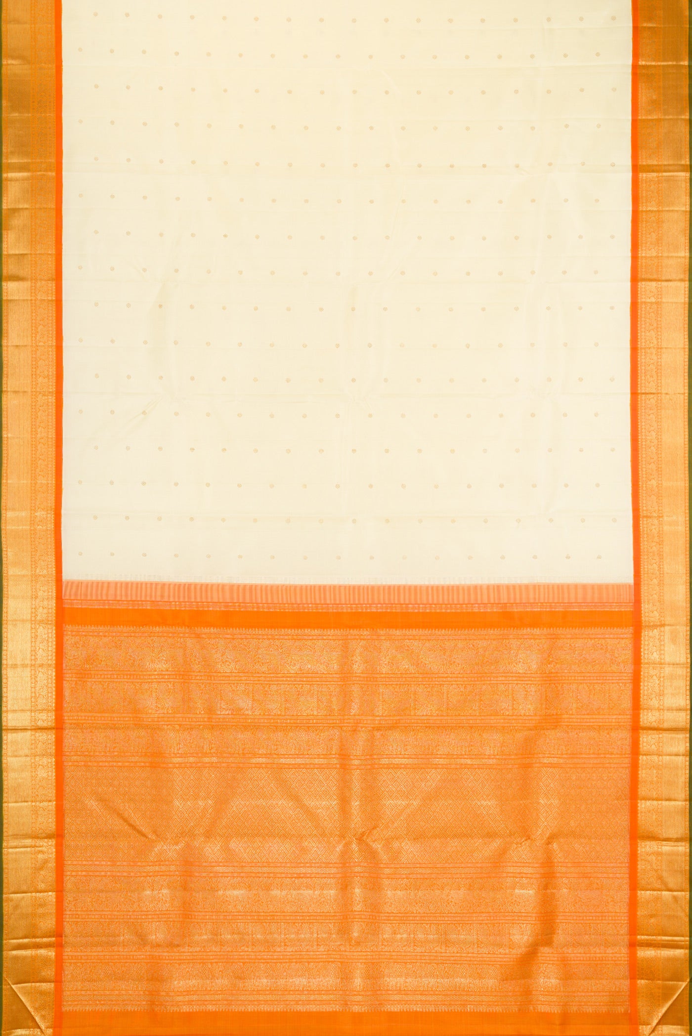 Flat view of Pure Silk Pure Zari Cream Kanjivaram Saree with Zari Butta on the body and Zari Border. 