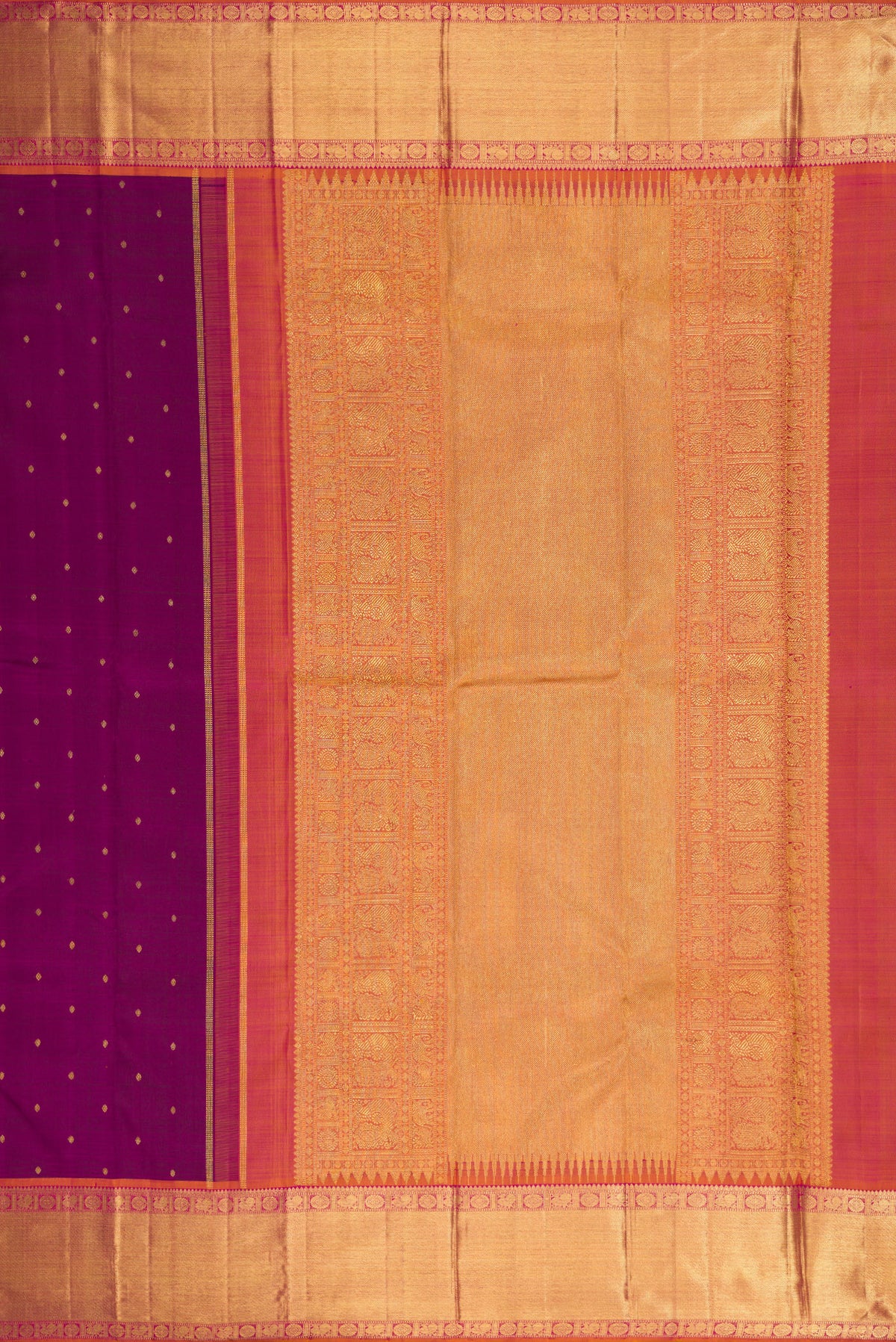 Close up image of the pallu of Pure Silk Pure Zari Purple Kanjivaram Saree with Zari Butta on the body and Zari Border. 