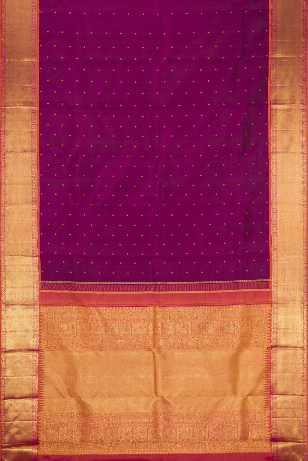 Flat view of Pure Silk Pure Zari Purple Kanjivaram Saree with Zari Butta on the body and Zari Border. 