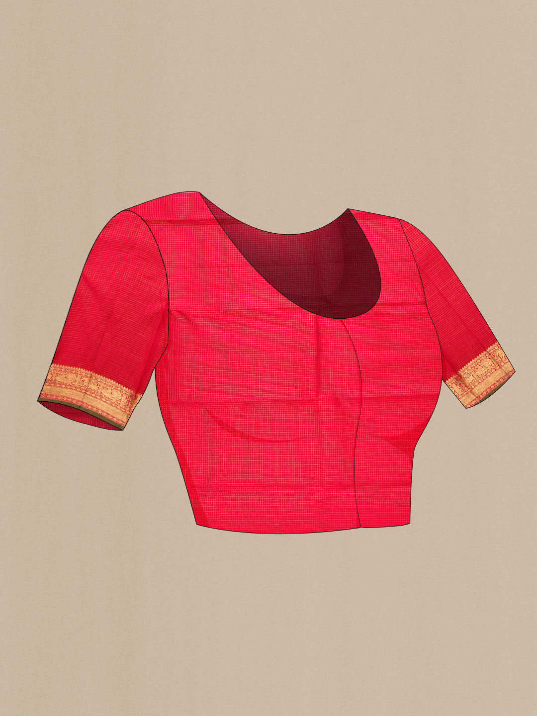 Close up image of the blouse of Pure Silk Pure Zari Dark Pink Dual Tone Kanjivaram Saree with Checked design on the body and Zari Border. 