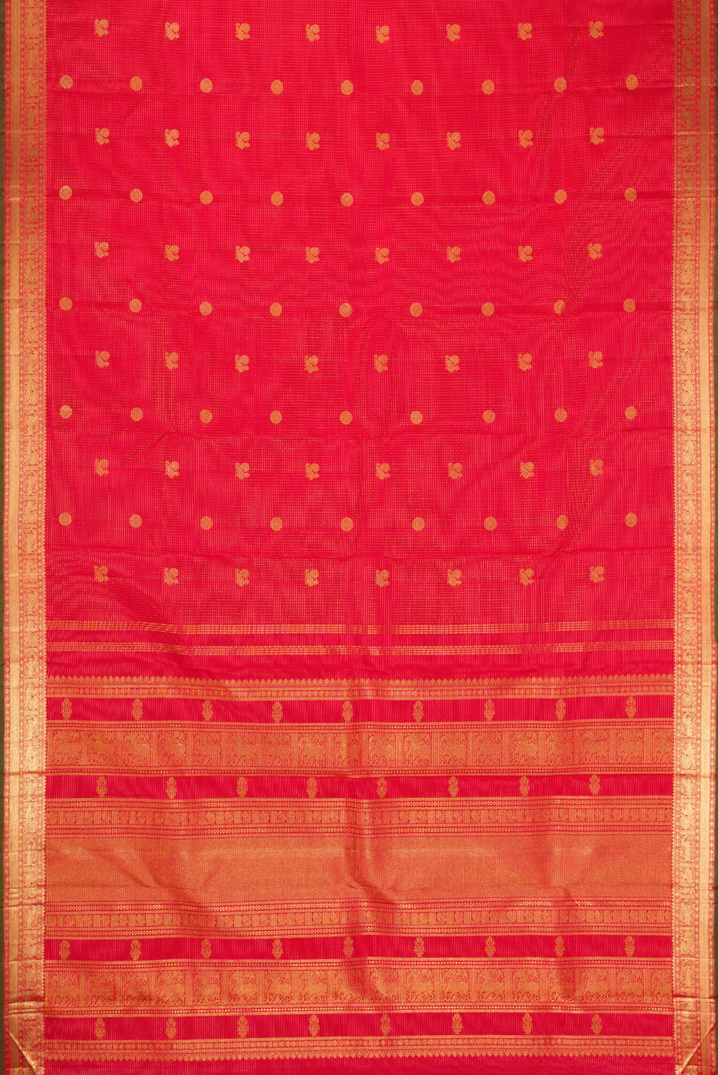 Flat view of Pure Silk Pure Zari Dark Pink Dual Tone Kanjivaram Saree with Checked design on the body and Zari Border. 