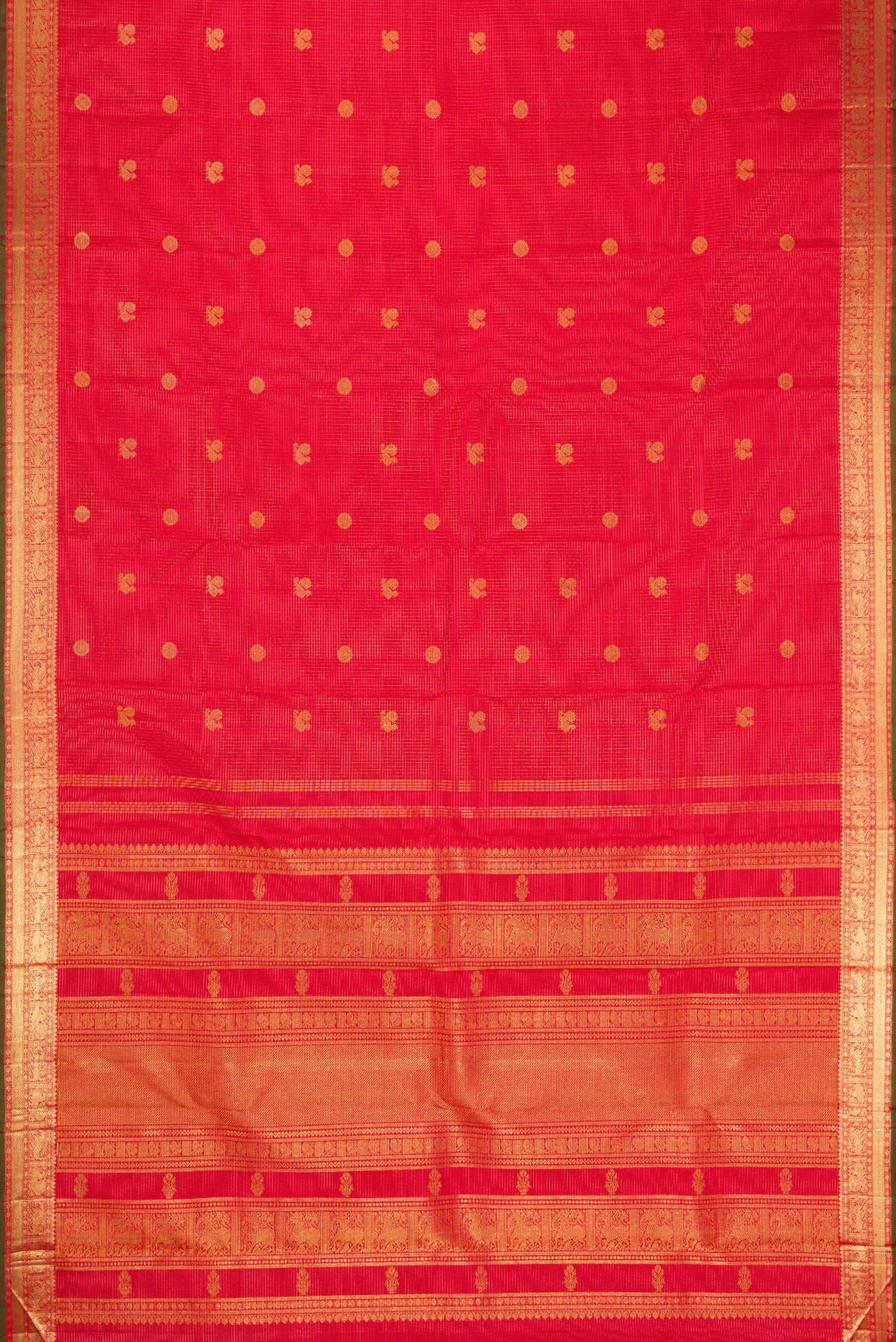 Flat view of Pure Silk Pure Zari Dark Pink Dual Tone Kanjivaram Saree with Checked design on the body and Zari Border. 
