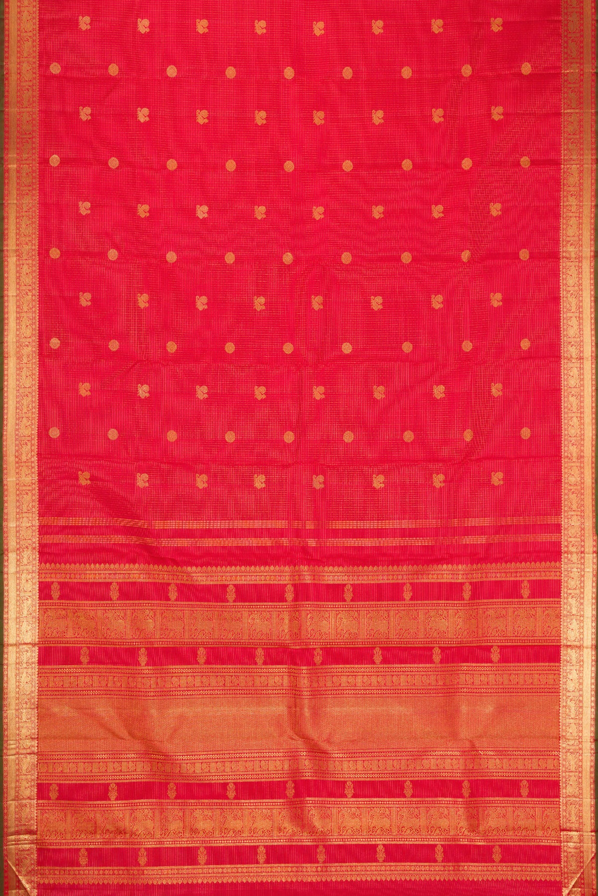 Flat view of Pure Silk Pure Zari Dark Pink Dual Tone Kanjivaram Saree with Checked design on the body and Zari Border. 