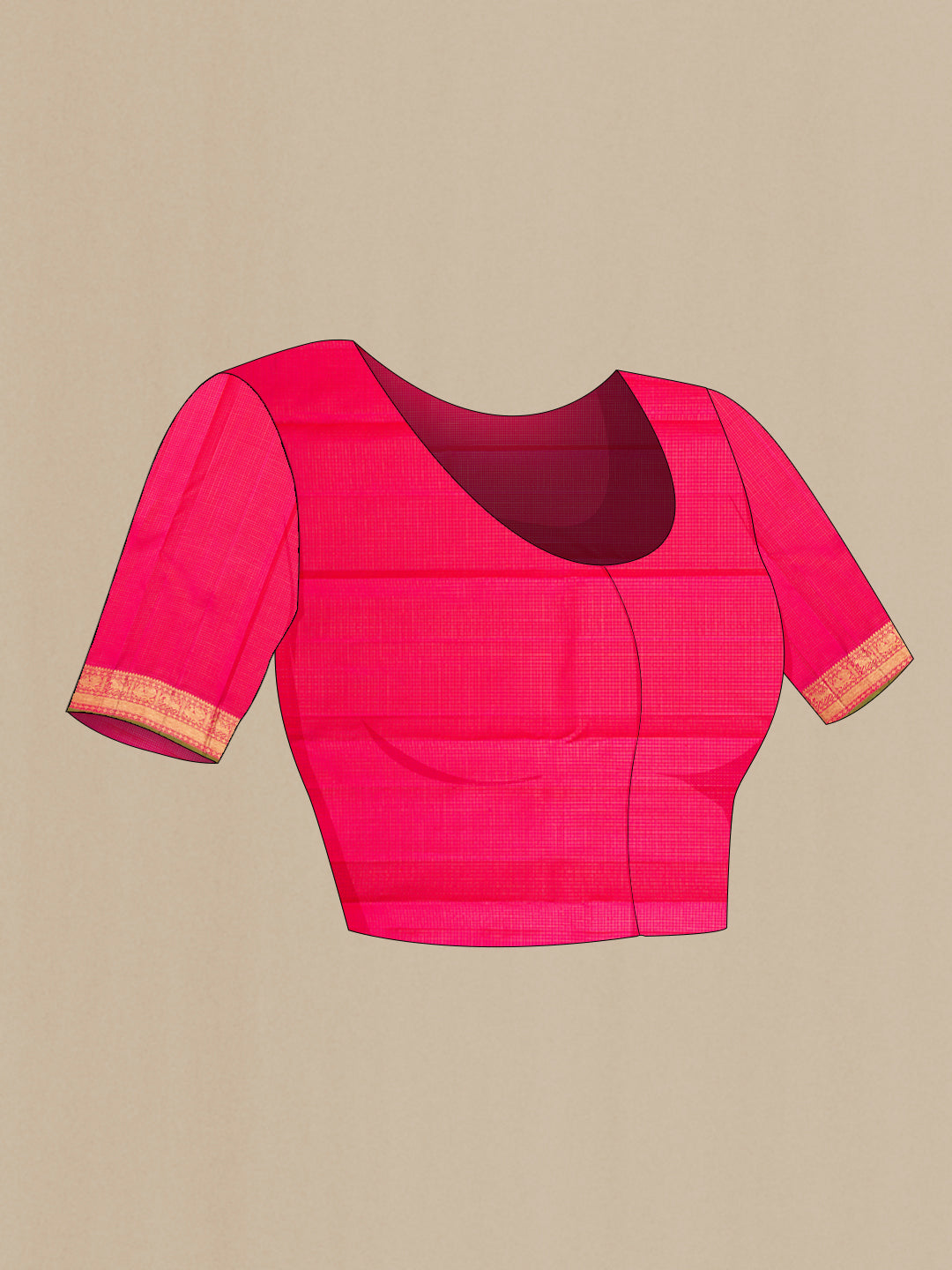 Close up image of the blouse of Pure Silk Pure Zari Pink Kanjivaram Saree with Checked design on the body and Zari Border. 