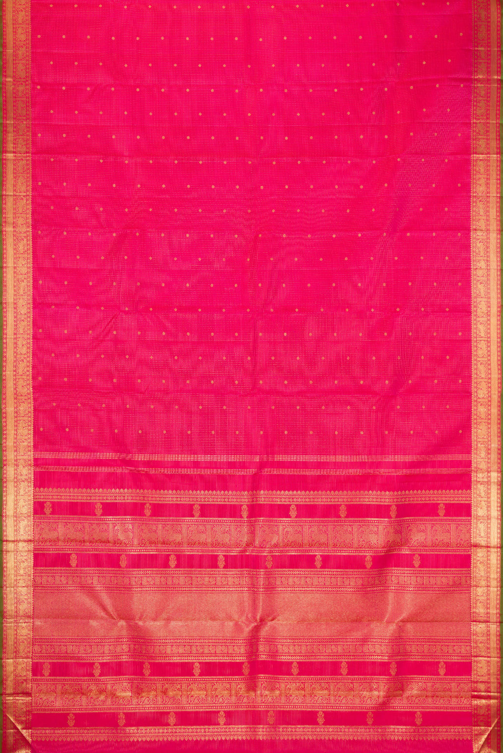 Flat view of Pure Silk Pure Zari Pink Kanjivaram Saree with Checked design on the body and Zari Border. 