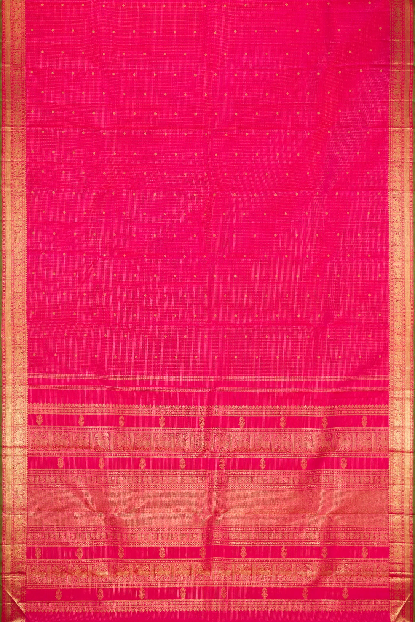 Flat view of Pure Silk Pure Zari Pink Kanjivaram Saree with Checked design on the body and Zari Border. 