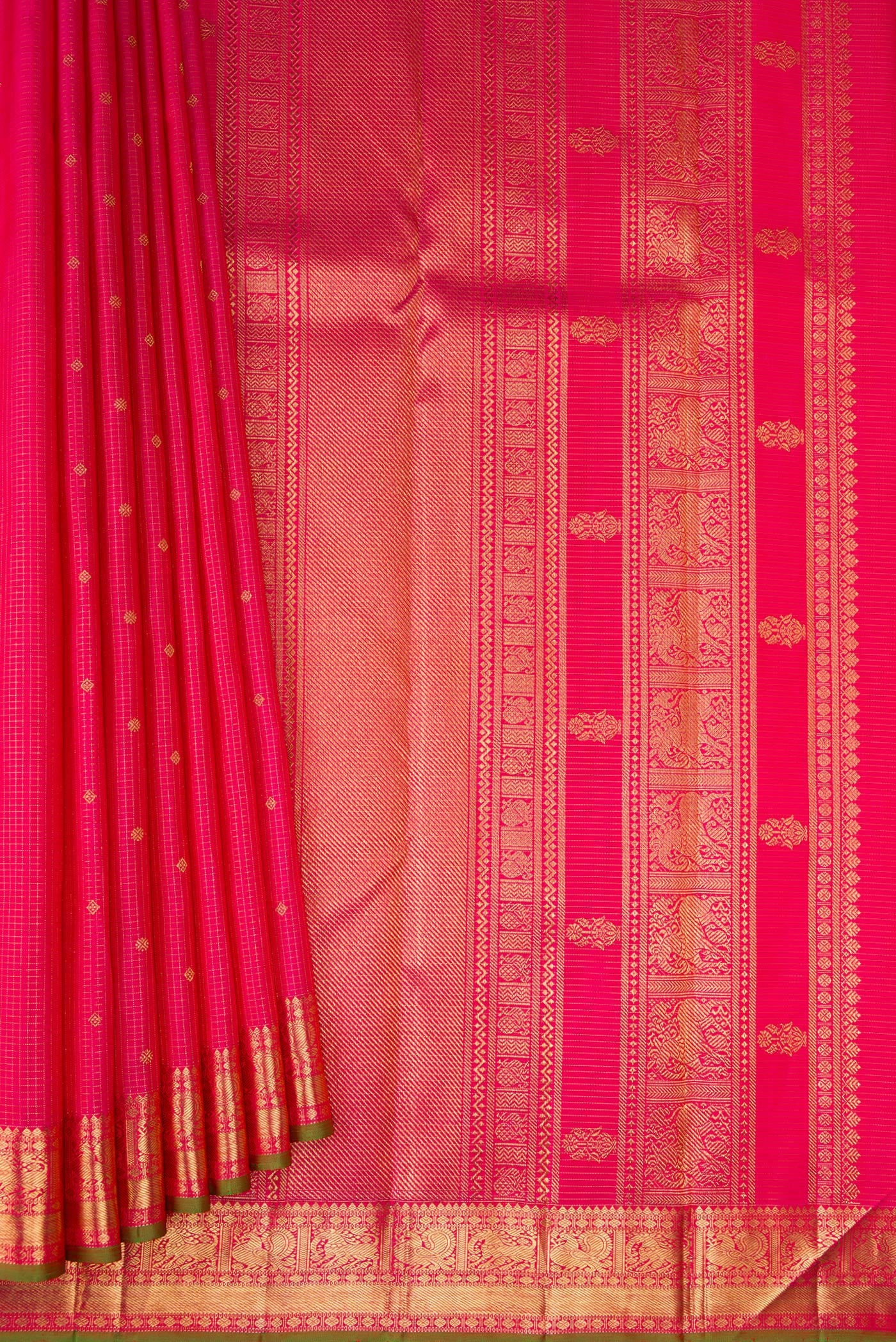 Pleats and pallu of Pure Silk Pure Zari Pink Kanjivaram Saree with Checked design on the body and Zari Border. 