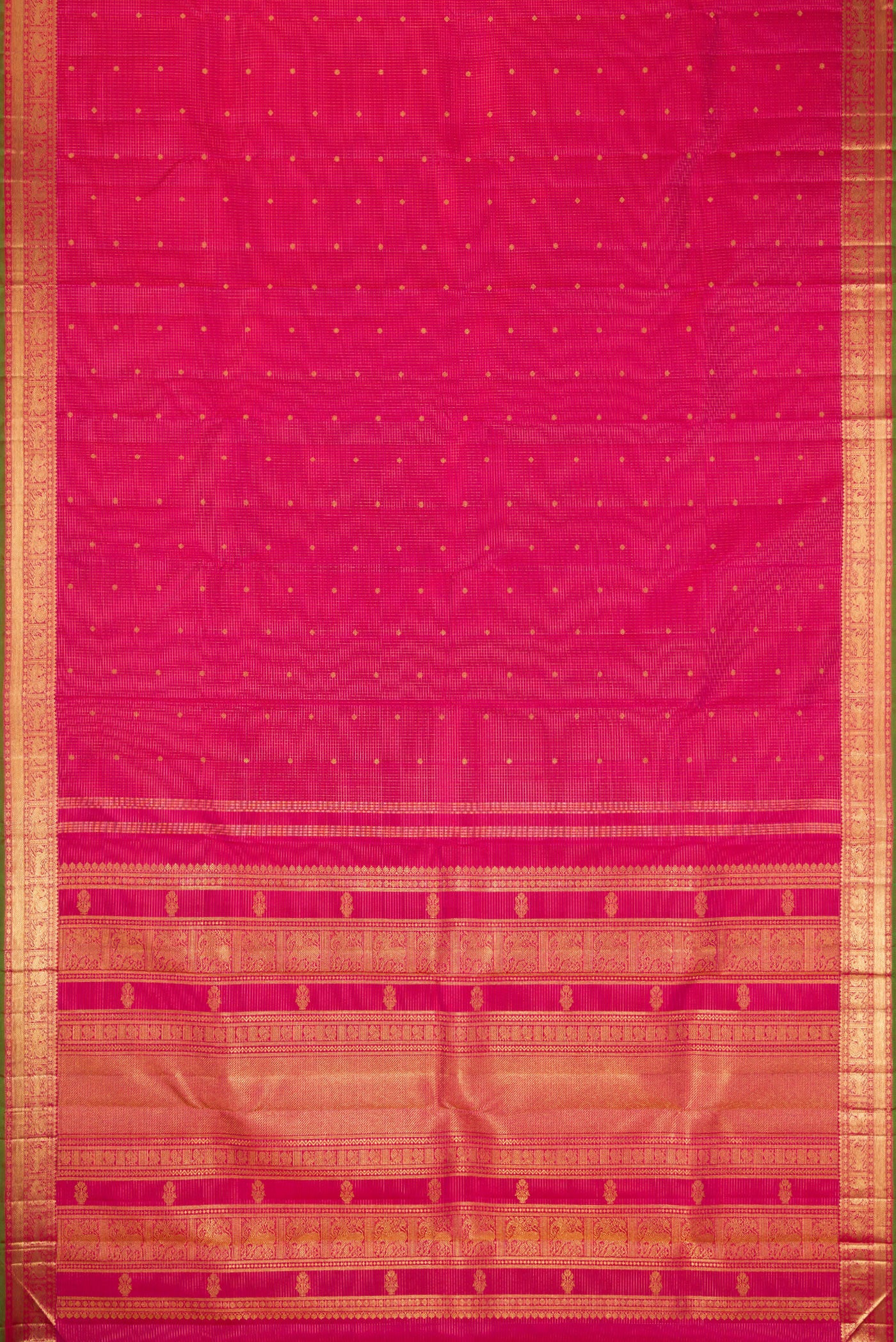 Flat view of Pure Silk Pure Zari Dark Pink Kanjivaram Saree with Checked design on the body and Zari Border. 