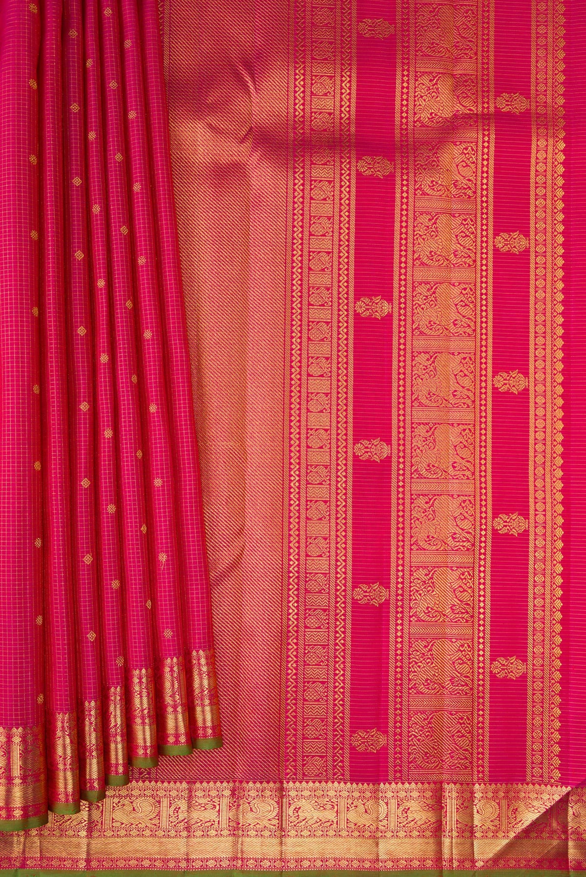 Pleats and pallu of Pure Silk Pure Zari Dark Pink Kanjivaram Saree with Checked design on the body and Zari Border. 
