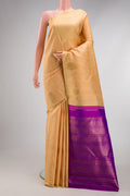 Pure Silk Pure Zari Sandal Kanchipuram Saree with Checked design on the body and Zari Border.  displayed on a mannequin