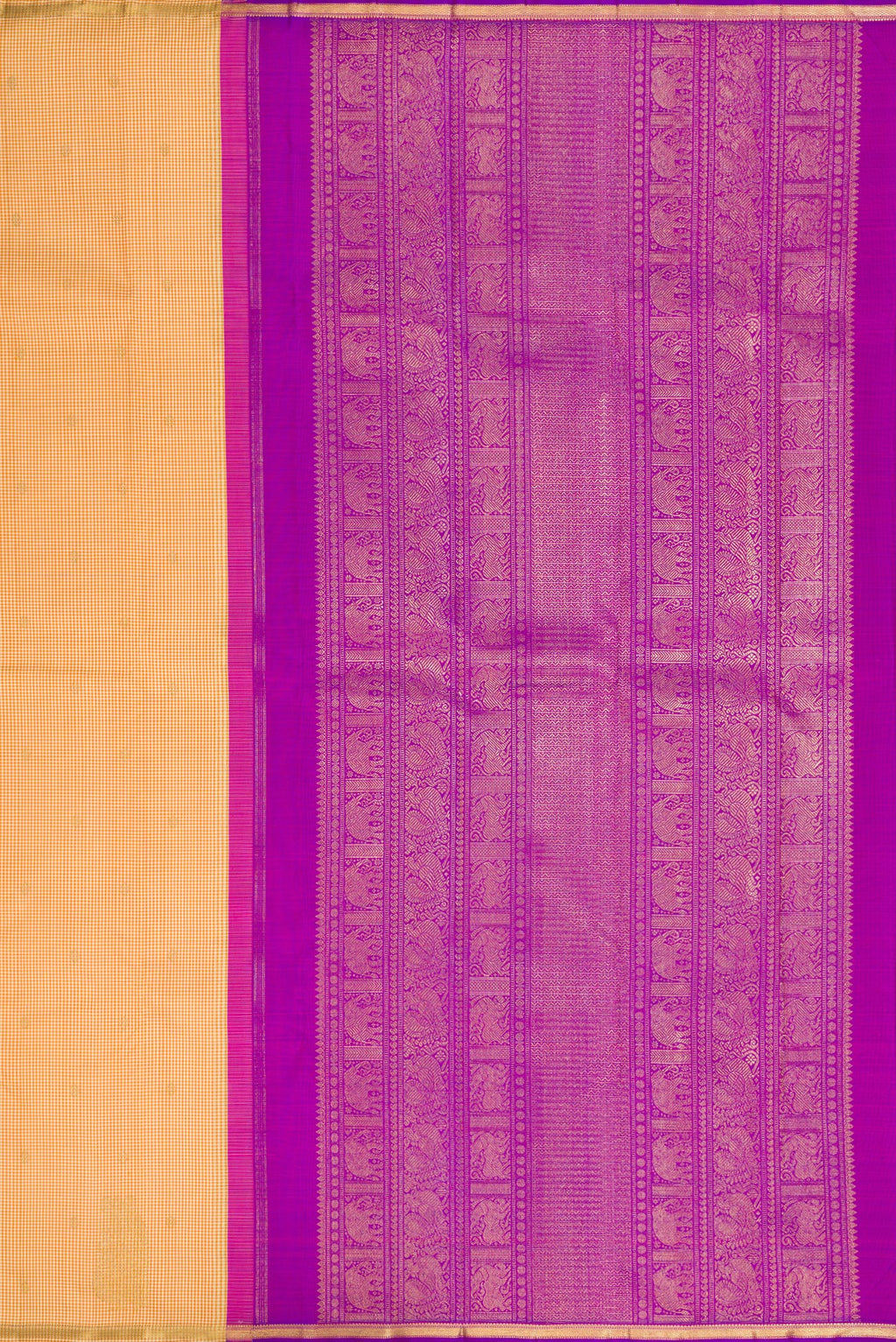 Close up image of the pallu of Pure Silk Pure Zari Sandal Kanchipuram Saree with Checked design on the body and Zari Border. 