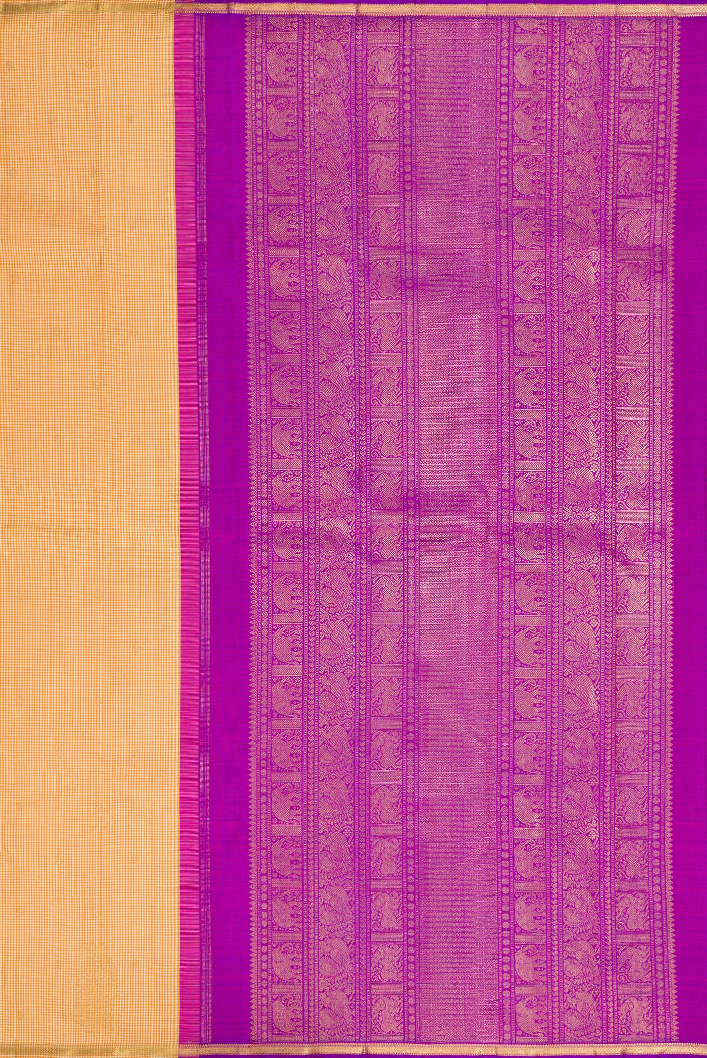 Close up image of the pallu of Pure Silk Pure Zari Sandal Kanchipuram Saree with Checked design on the body and Zari Border. 
