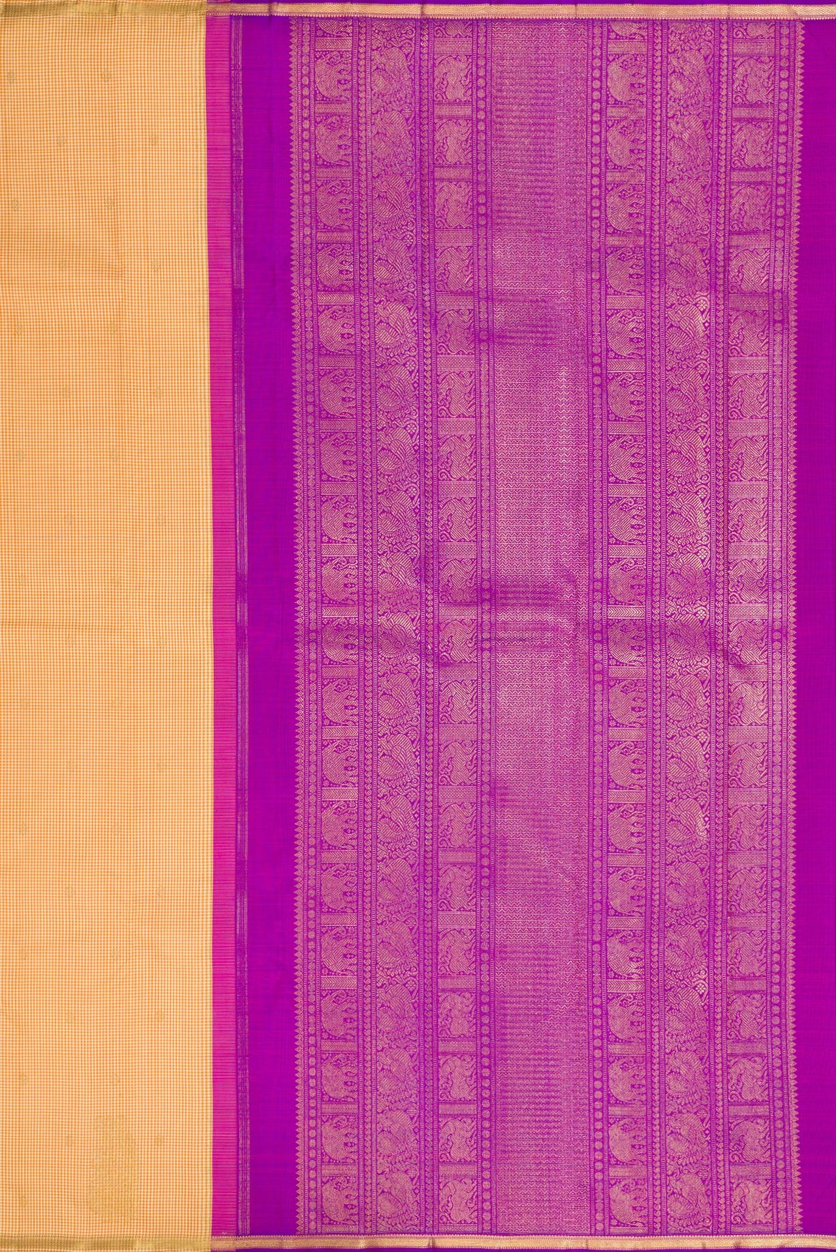 Close up image of the pallu of Pure Silk Pure Zari Sandal Kanchipuram Saree with Checked design on the body and Zari Border. 