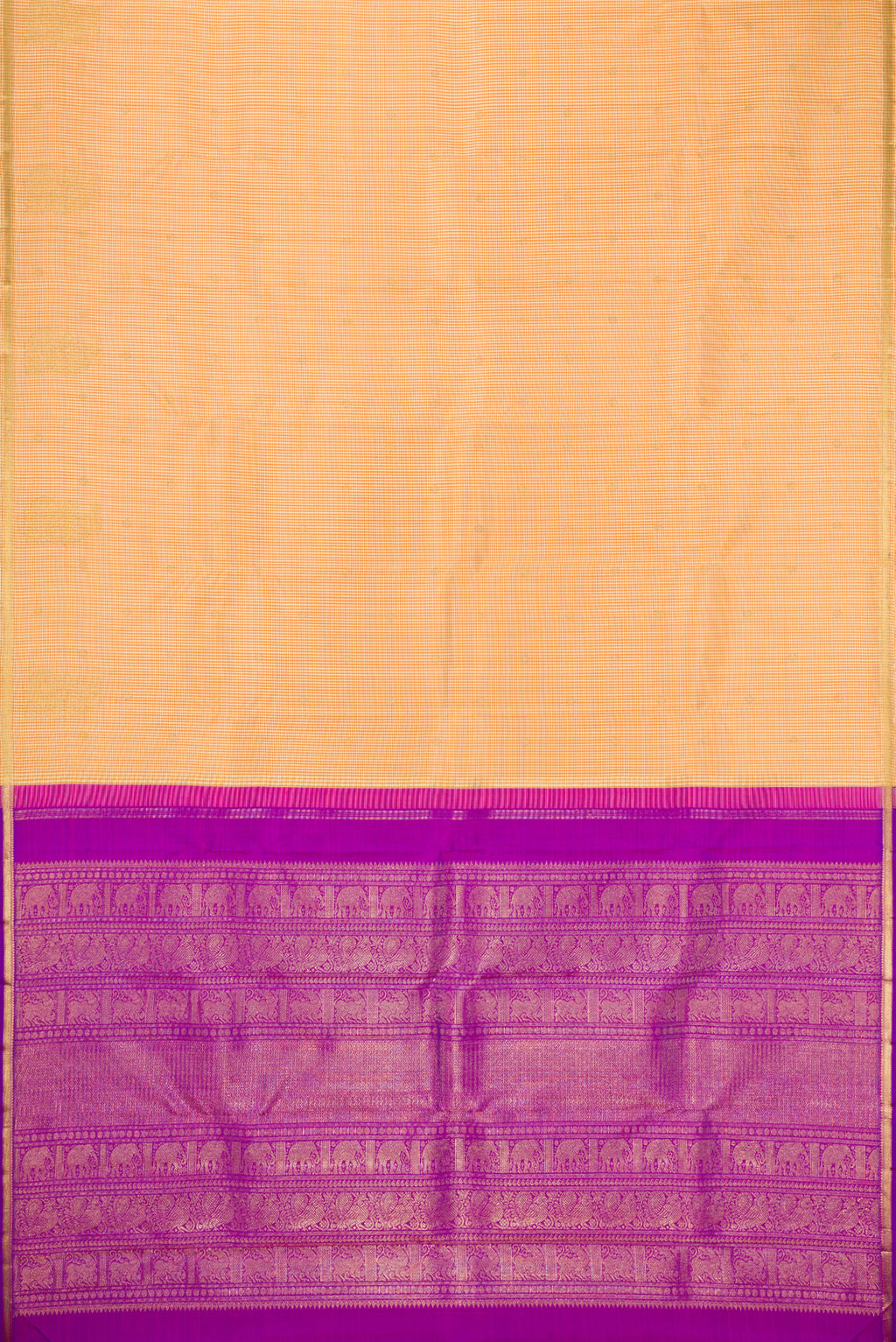 Flat view of Pure Silk Pure Zari Sandal Kanchipuram Saree with Checked design on the body and Zari Border. 