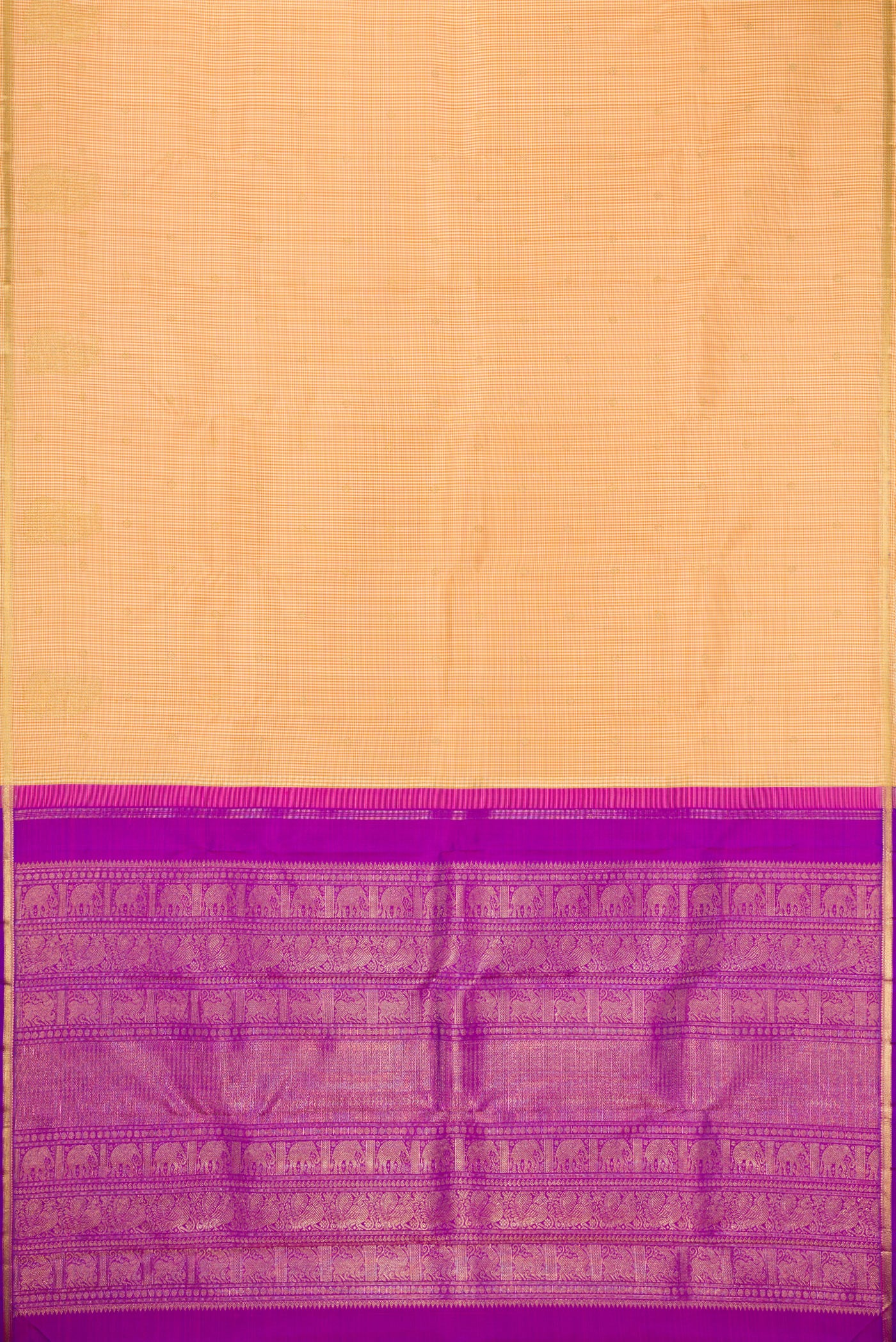 Flat view of Pure Silk Pure Zari Sandal Kanchipuram Saree with Checked design on the body and Zari Border. 