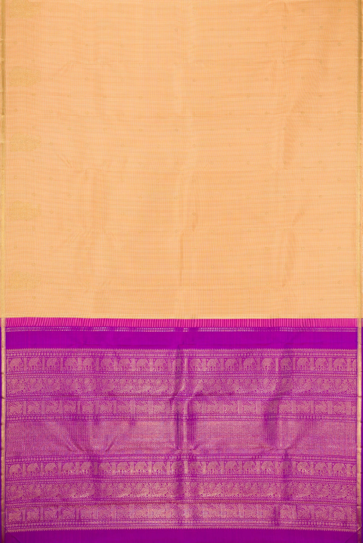 Flat view of Pure Silk Pure Zari Sandal Kanchipuram Saree with Checked design on the body and Zari Border. 