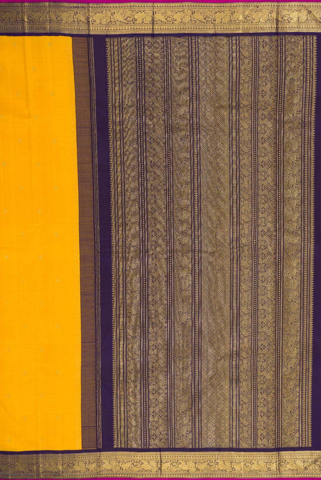Close up image of the pallu of Pure Silk Pure Zari Yellow Dual Tone Kanjivaram Saree with Zari Butta on the body and Zari Border. 