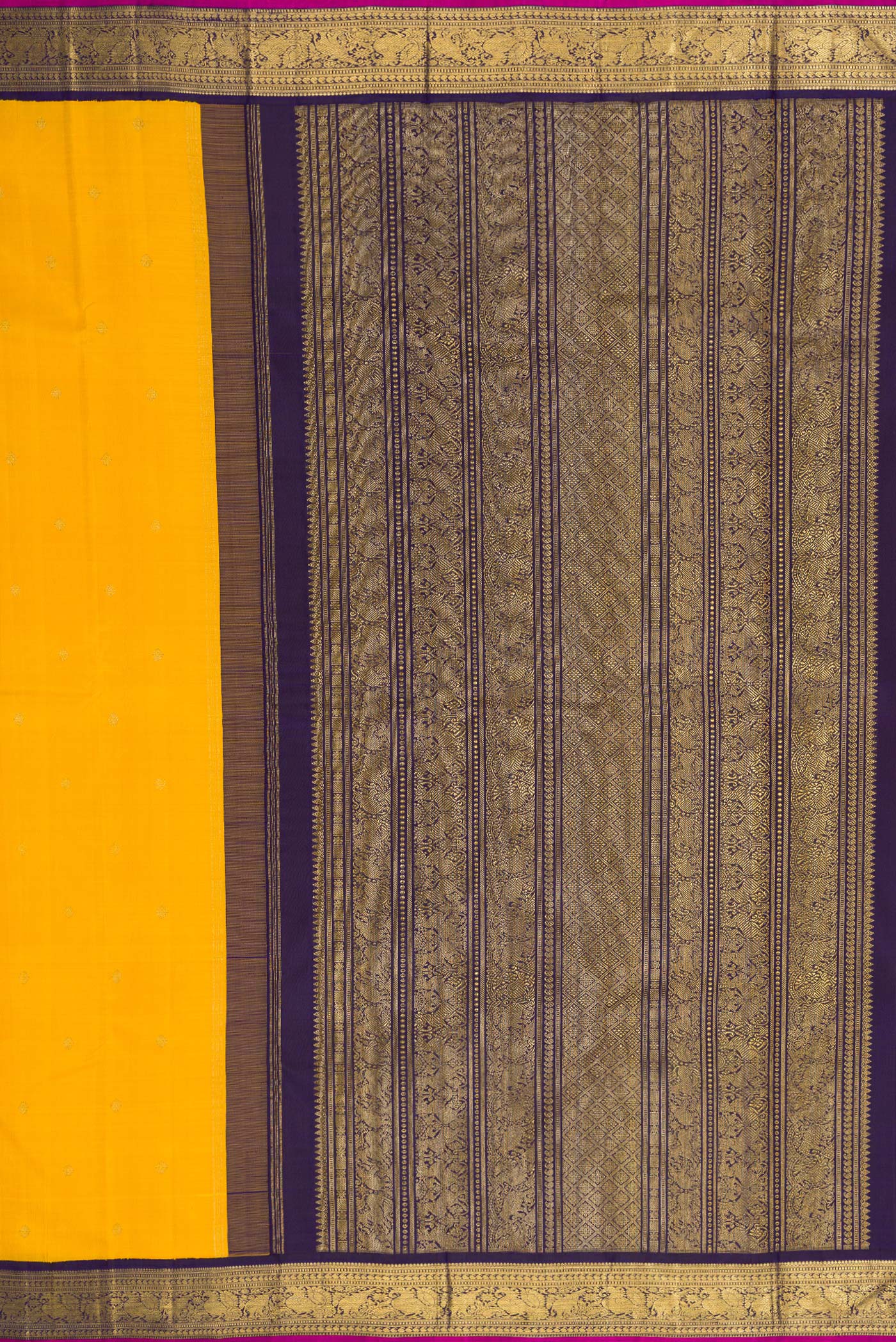Close up image of the pallu of Pure Silk Pure Zari Yellow Dual Tone Kanjivaram Saree with Zari Butta on the body and Zari Border. 