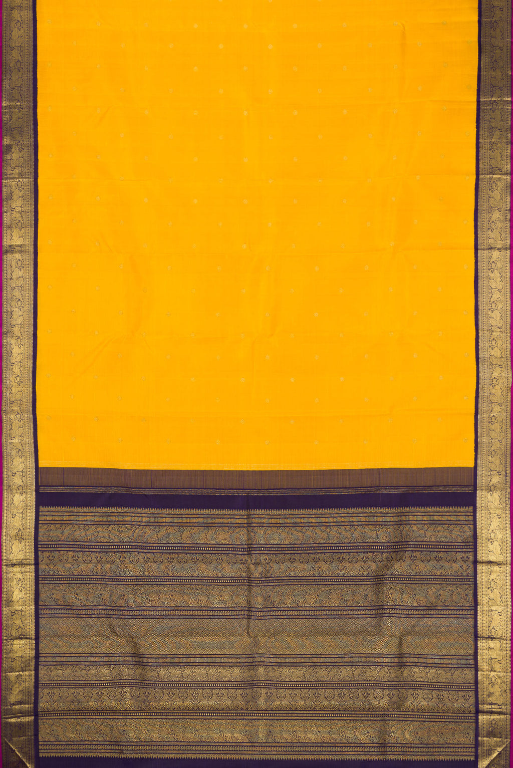 Flat view of Pure Silk Pure Zari Yellow Dual Tone Kanjivaram Saree with Zari Butta on the body and Zari Border. 
