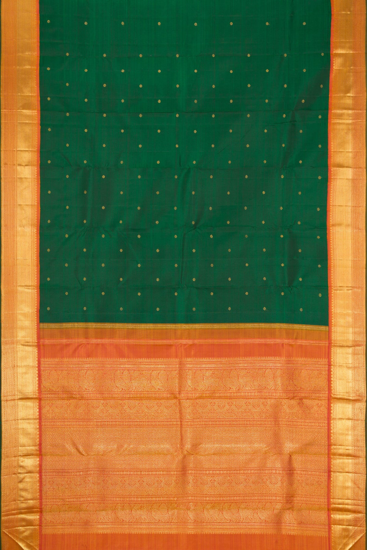 Flat view of Pure Silk Pure Zari Green Dual Tone Kanjivaram Saree with Zari Butta on the body and Zari Border. 