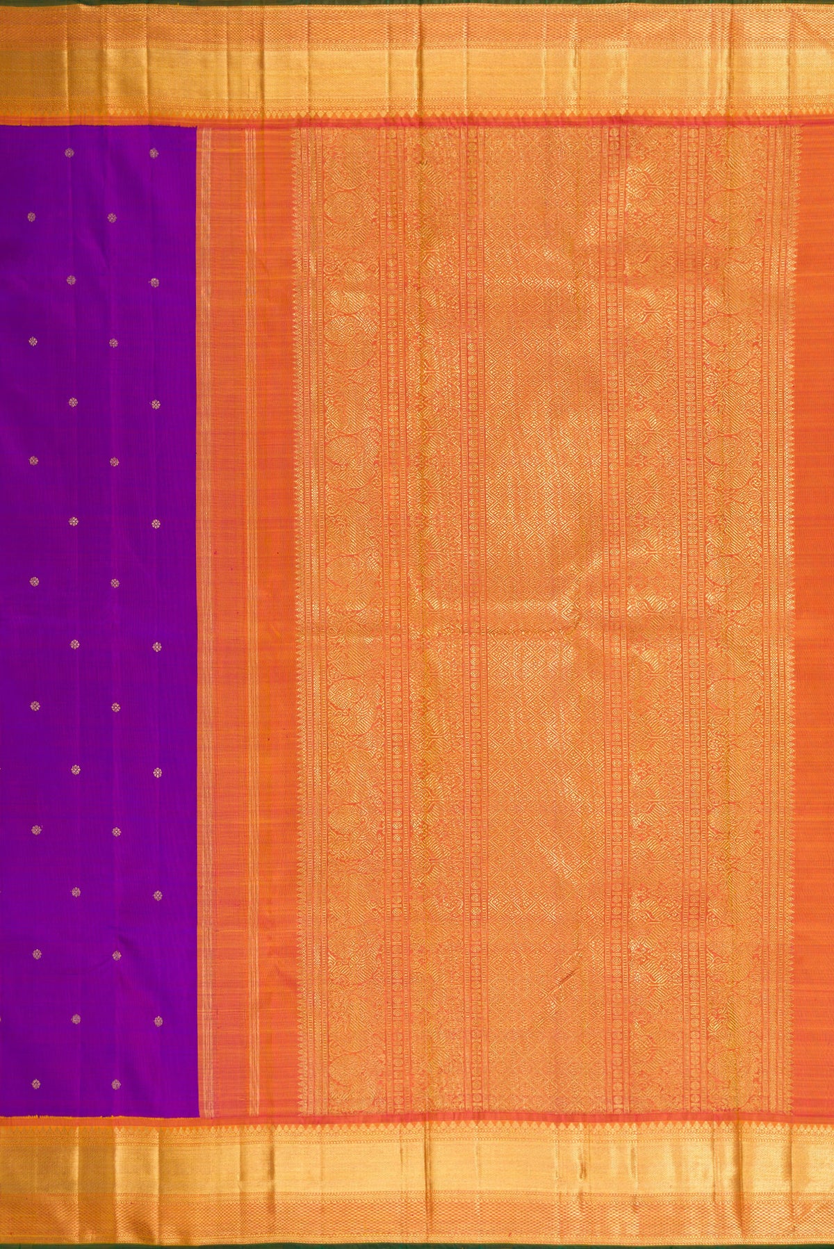 Close up image of the pallu of Pure Silk Pure Zari Purple Dual Tone Kanjivaram Saree with Zari Butta on the body and Zari Border. 